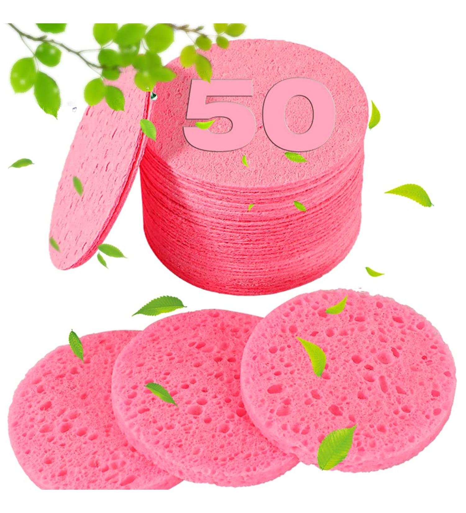 50-Count Compressed Facial Sponges - 100% Natural Cellulose Spa Sponges for Cleansing, Exfoliating, and Makeup Removal - Pink - Buy Online on SooperMarket.com