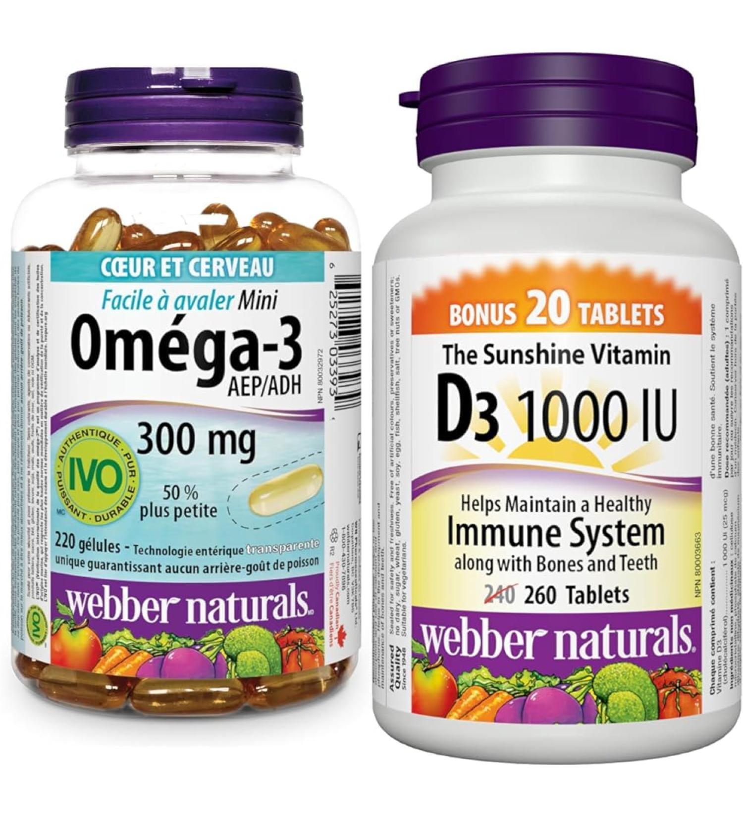 Webber Naturals Omega-3 300 mg Mini 220 Clear Enteric No Fishy Aftertaste Mini Softgels & Vitamin D3 1000 IU 260 Tablets For Healthy Bones Teeth and the Maintenance of Good Health - Buy Online on SooperMarket.com