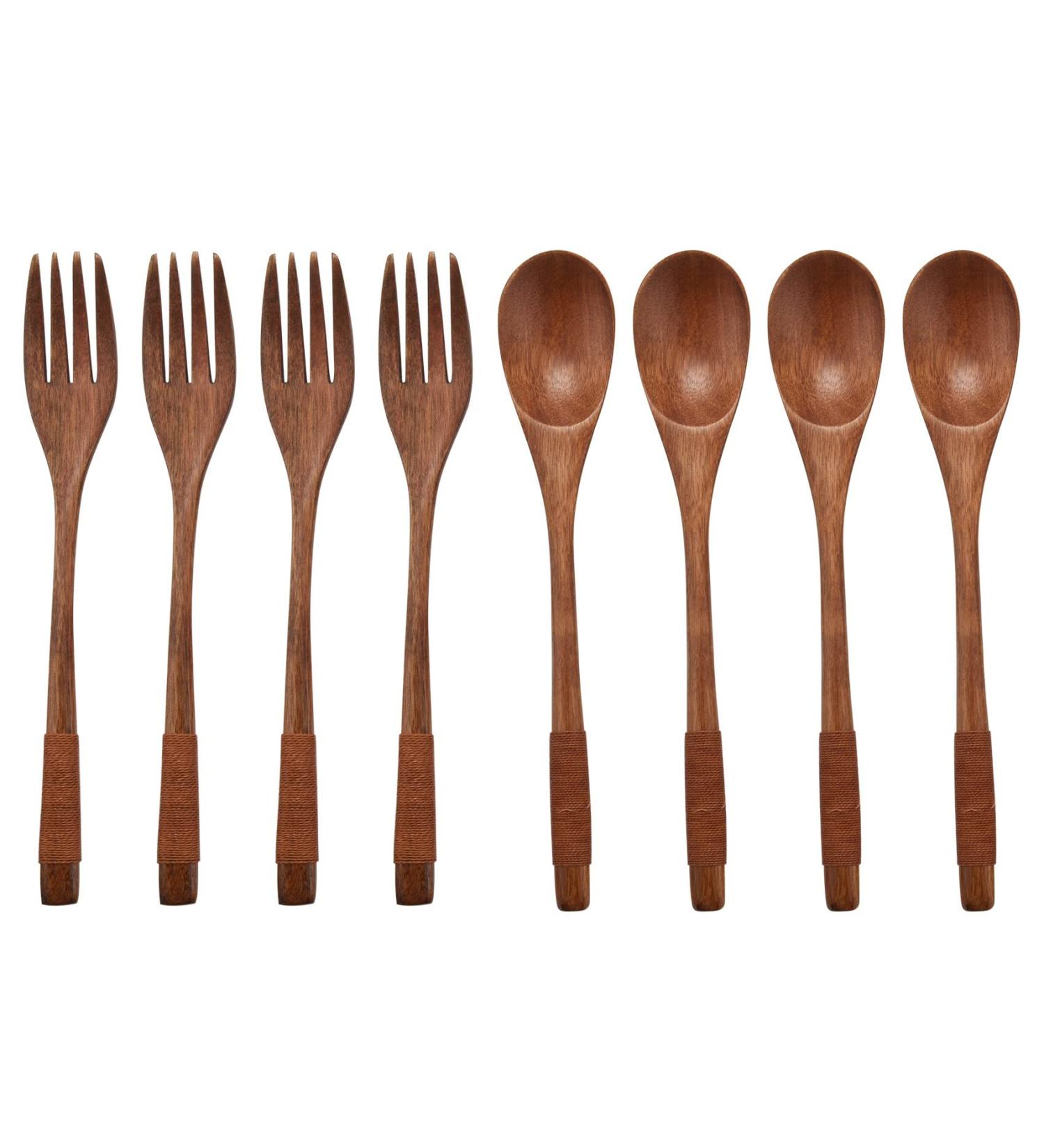 AIDIRui 8 Pcs Wooden 9 inchJapanese Spoon Fork Set Kitchen Tableware Natural Wood Cutlery Wooden Dinner Cutlery Set - Buy Online on SooperMarket.com