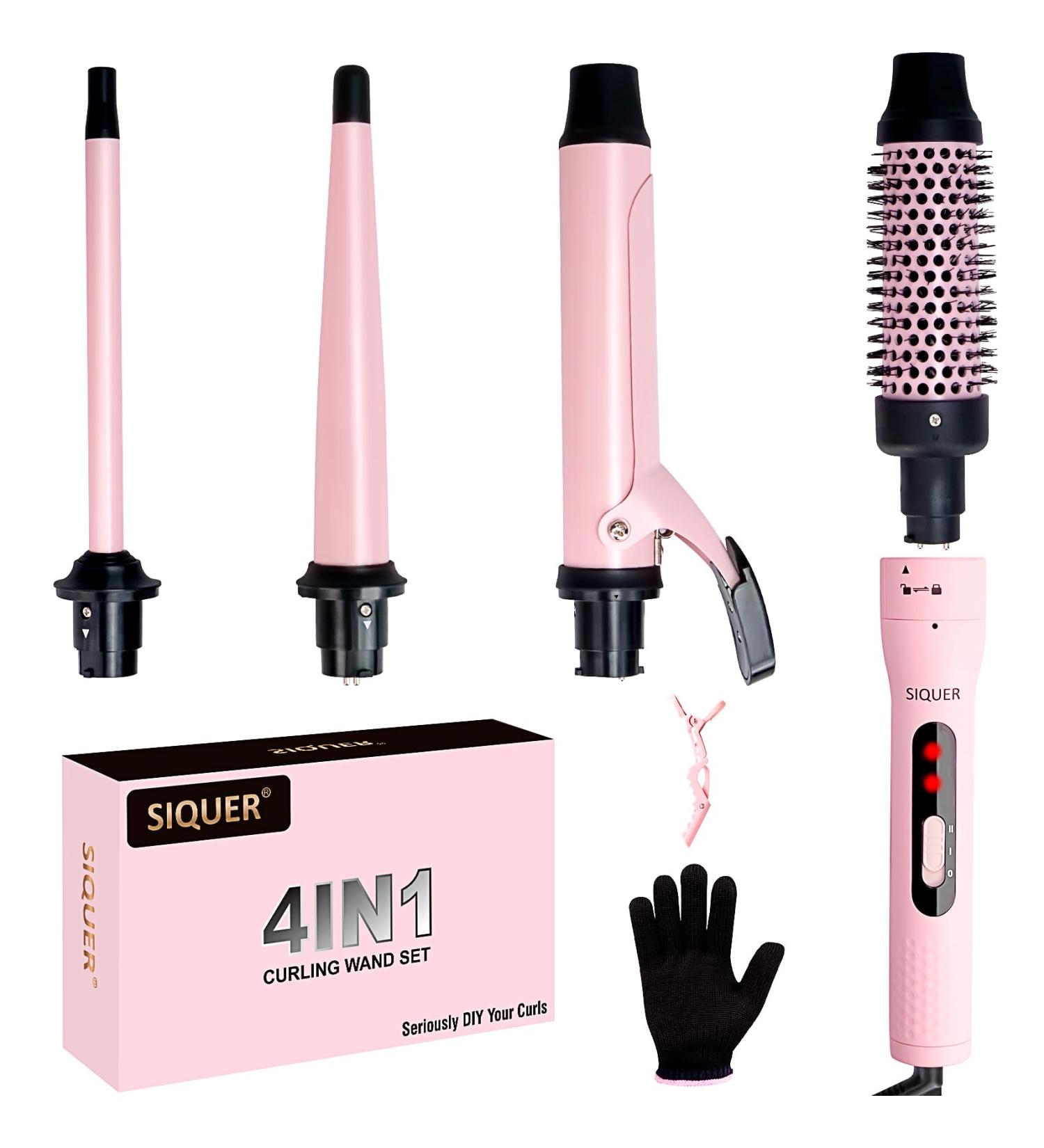 SIQUER 4 in 1 Curling Wand Set - Versatile Beach Waves Curler with Instant Heat 1/2 to 1 1/2 Inch Pink - Ideal for Women | International Shipping Available - Buy Online on SooperMarket.com