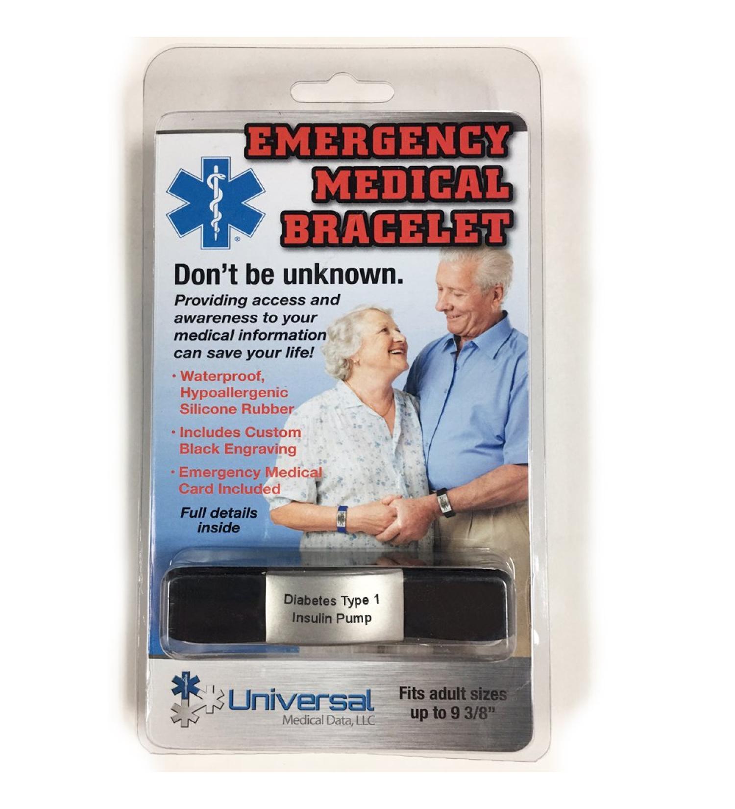 Sport Medical Alert Bracelet - Black. Pre-engraved "DIABETES TYPE 1 INSULIN PUMP". Save 30% - Close Out Pricing! - Buy Online on SooperMarket.com