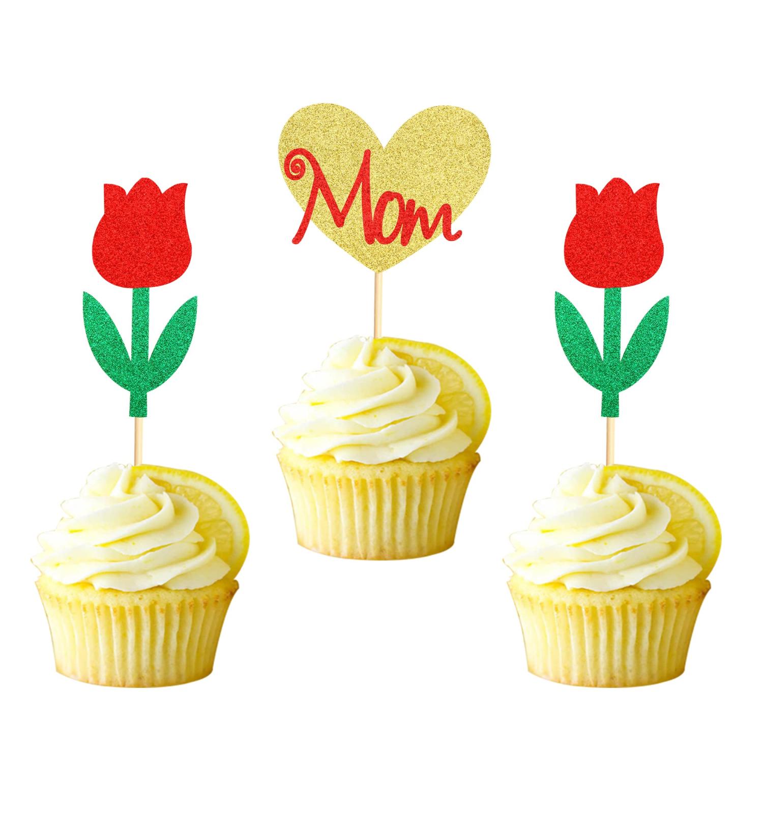 Arthsdite Happy Mothers Day Cupcake Toppers Flower Cupcake Picks Love Mom Heart Cake Decoration Party Supplies for Mother's Day Party Decorations Supply- Red Glitter Red Flower - Buy Online on SooperMarket.com