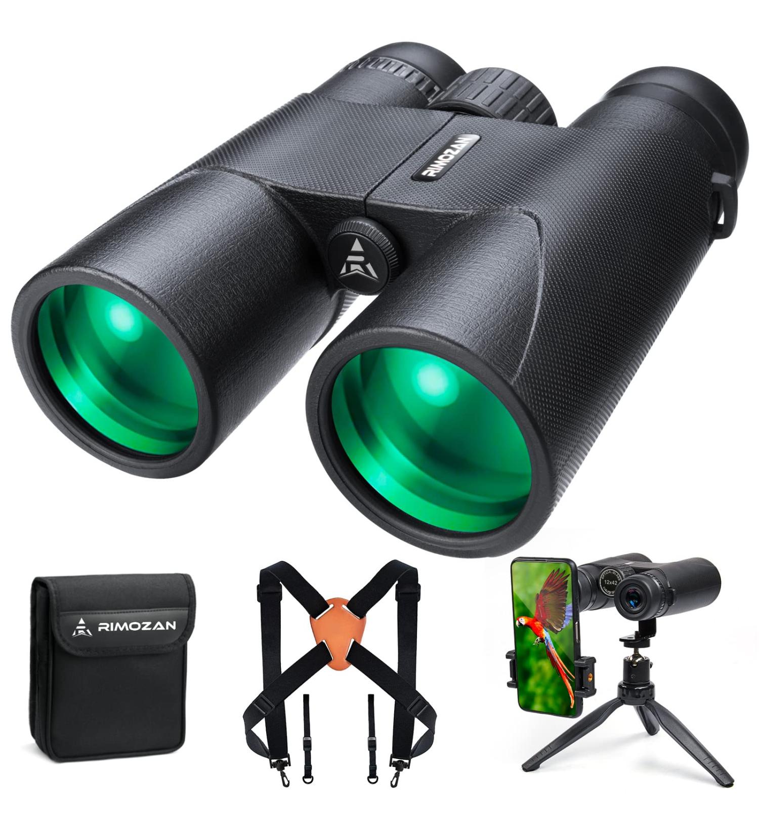 12x42 HD Binoculars with Harness Strap, Phone Tripod, Adapter - Ideal for Bird Watching, Hunting, Hiking - Perfect Gift for Men - Buy Online on SooperMarket.com