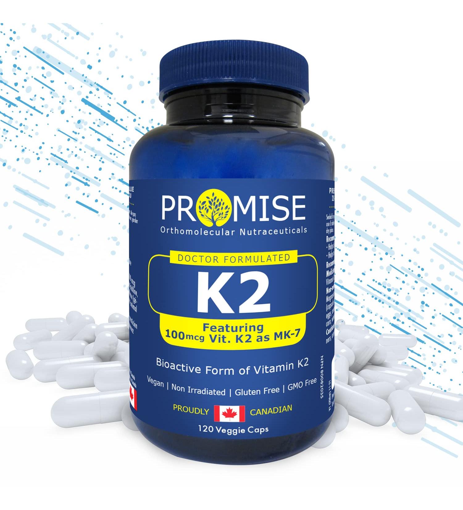 Promise Vitamin K2 MK-7 100mcg 120 Capsules- Bioactive Menaquinone-7 Bone Tissue & Heart Health- non-GMO Natto Vegan and Gluten-Free Made In Canada - Buy Online on SooperMarket.com