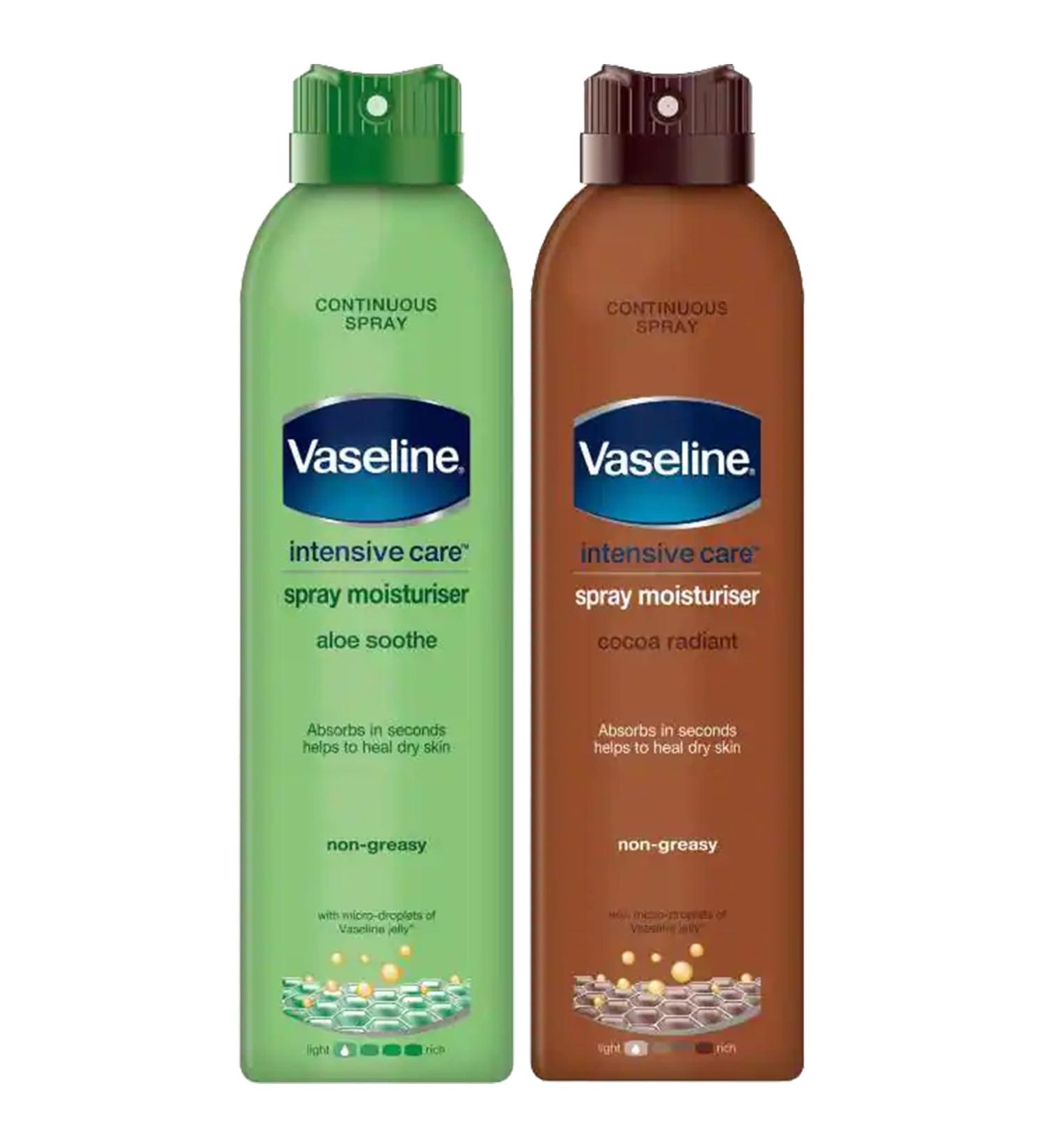 Vaseline Spray and Go Moisturizer  Cocoa Radiance and Aloe Soothe Combo  6.5 Ounce Each
