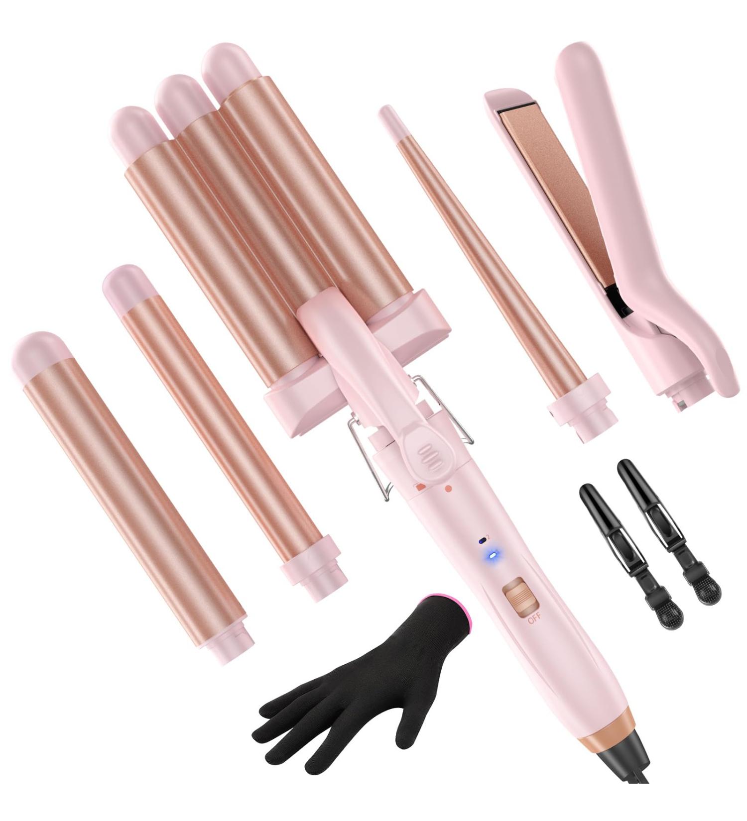 5-in-1 Wand Curling Iron Set - Ceramic Curling Wands & Hair Straightener - Fast Heat with Glove & Clip - Light Pink - International Shipping Available - Buy Online on SooperMarket.com