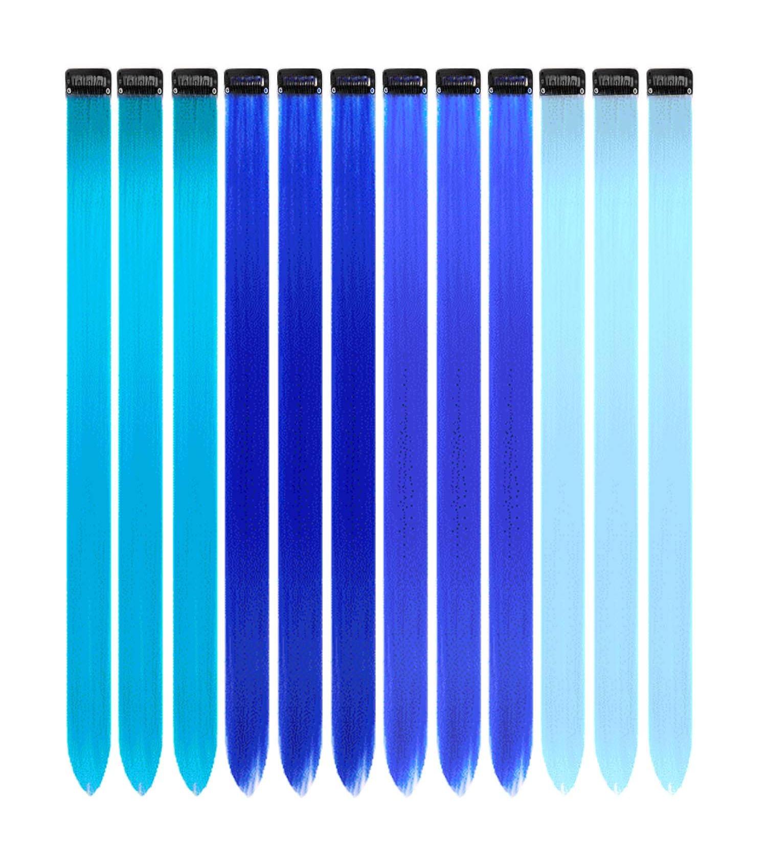 12 Pcs Colored Hair Extensions Colorful Clip in Hair Extensions 22 inch Synthetic Straight Hair Extensions for Kids Girls Women Blue series - Buy Online on SooperMarket.com