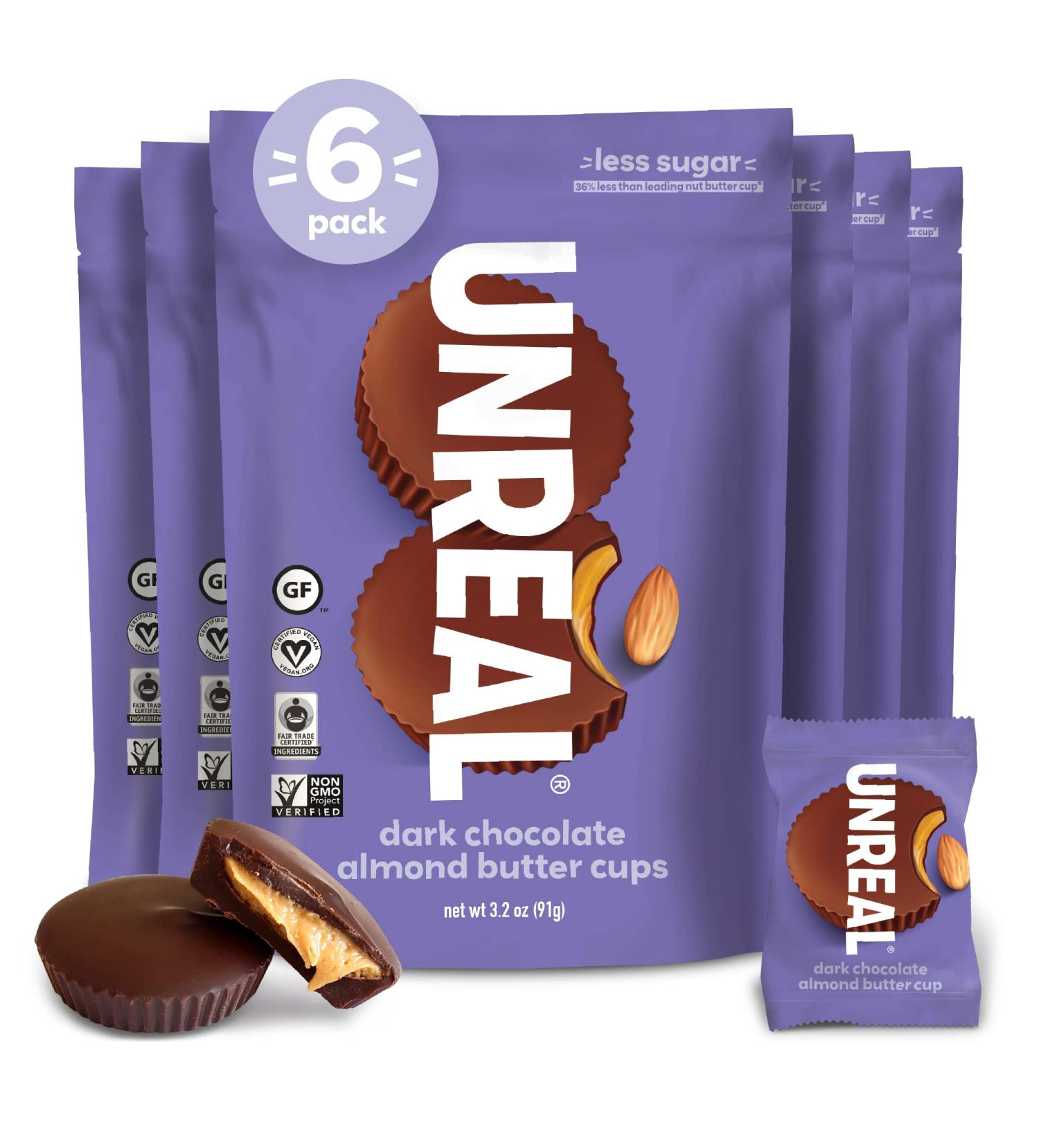 UNREAL Dark Chocolate Almond Butter Cups | Vegan, Gluten-Free, Low Sugar - 6 Pack (3.2 oz) - Buy Online on SooperMarket.com