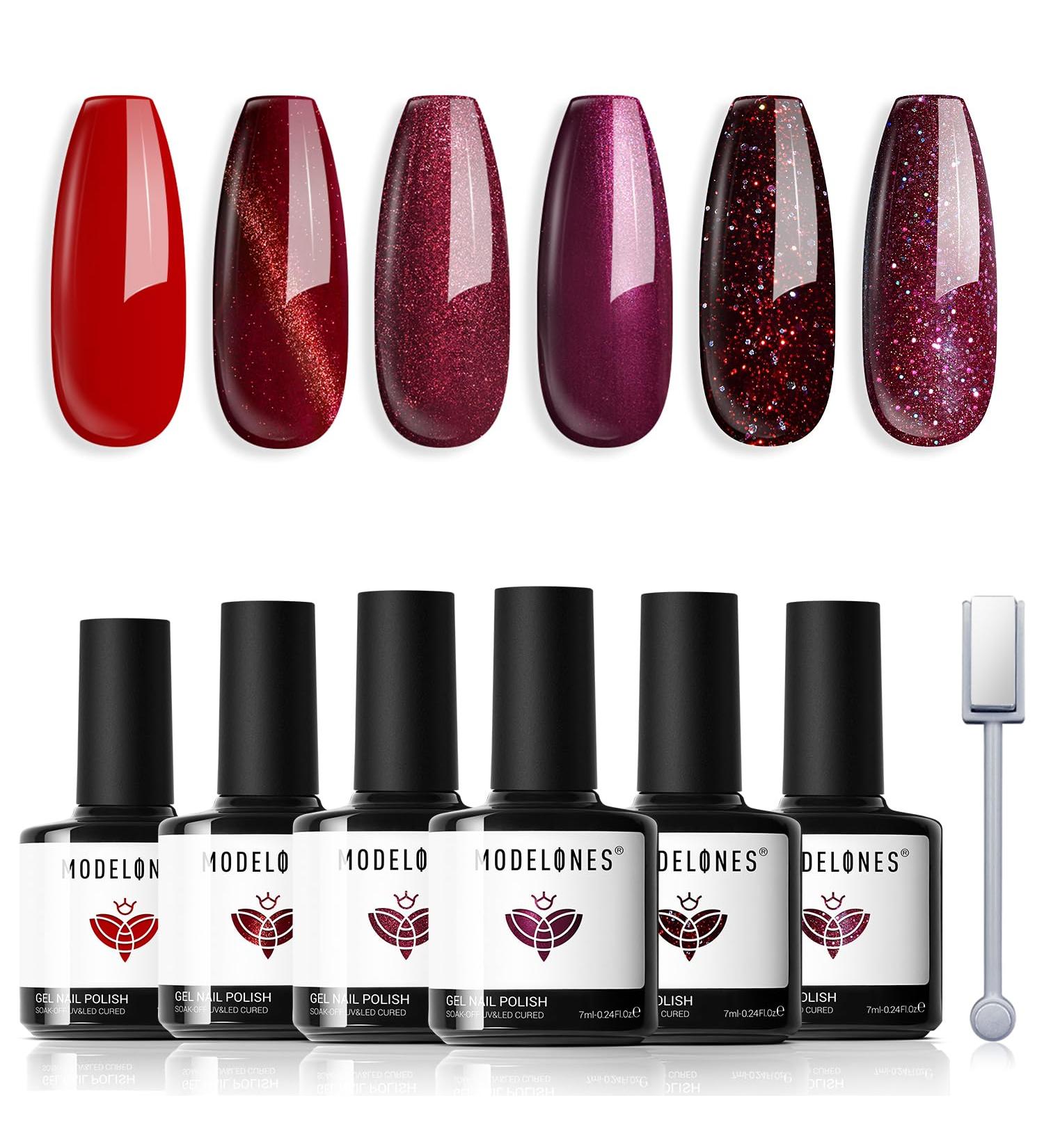 Modelones Gel Nail Polish Set 6 Colors Red Glitter Gel Polish Burgundy 9D Cat Eye Gel Nail Polish with Magnet Chameleon Shimmer Magnetic Gel Polish Set Nail Art DIY Salon Home for Women - Buy Online on SooperMarket.com