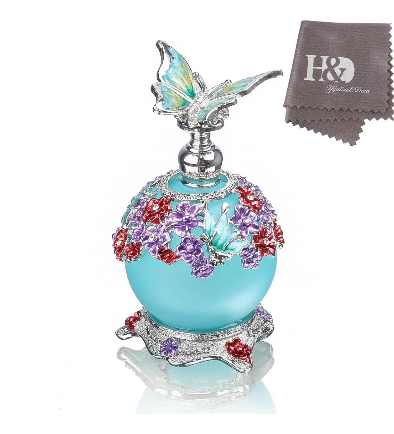 H&D Retro Frosted Blue Glass Perfume Bottle 23ml with Butterfly Stopper - Refillable & Stylish International Shipping - Buy Online on SooperMarket.com