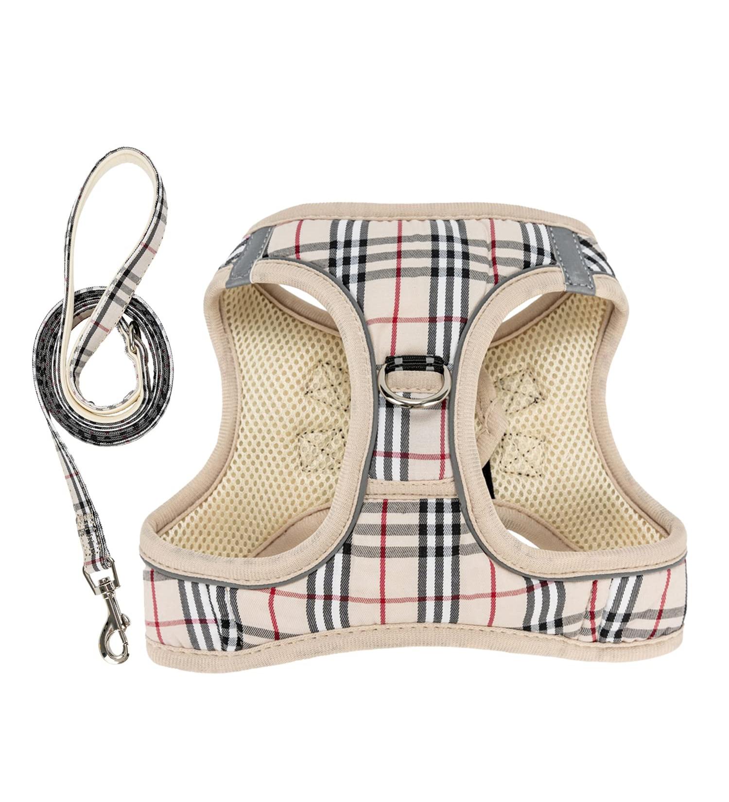 YUDOTE Plaid Step-In Dog Harness and Lead Set for Small Dogs and Cats - Beige, Size S | Front Clip Vest Harness UK Style - Buy Online on SooperMarket.com