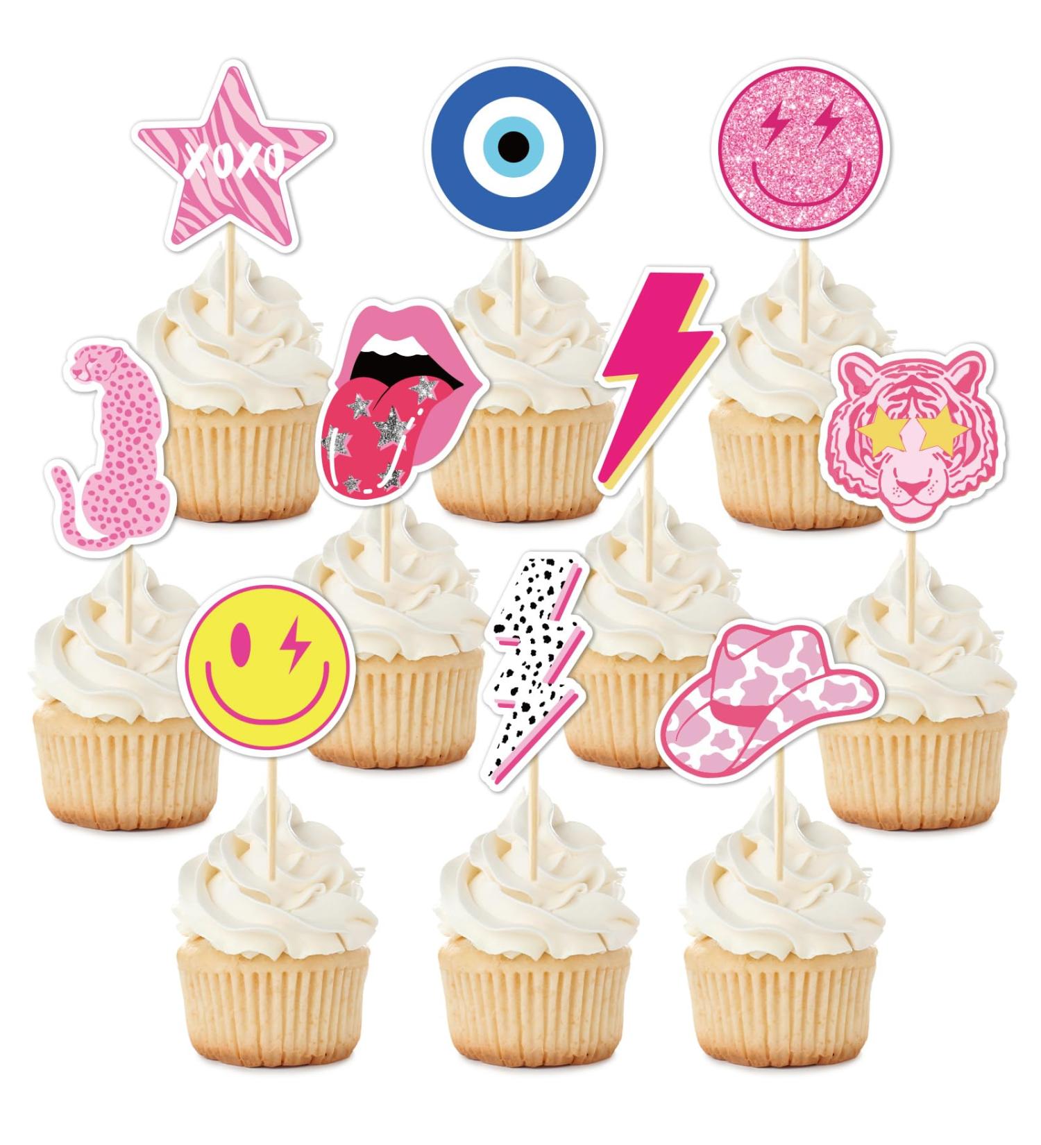 Whaline 40Pcs Preppy Pink Party Cupcake Toppers 10 Designs Paper Cake Decor Cute Cupcake Picks for Y2K Bachelorette Birthday Party Supplies Photo Booth Props - Buy Online on SooperMarket.com