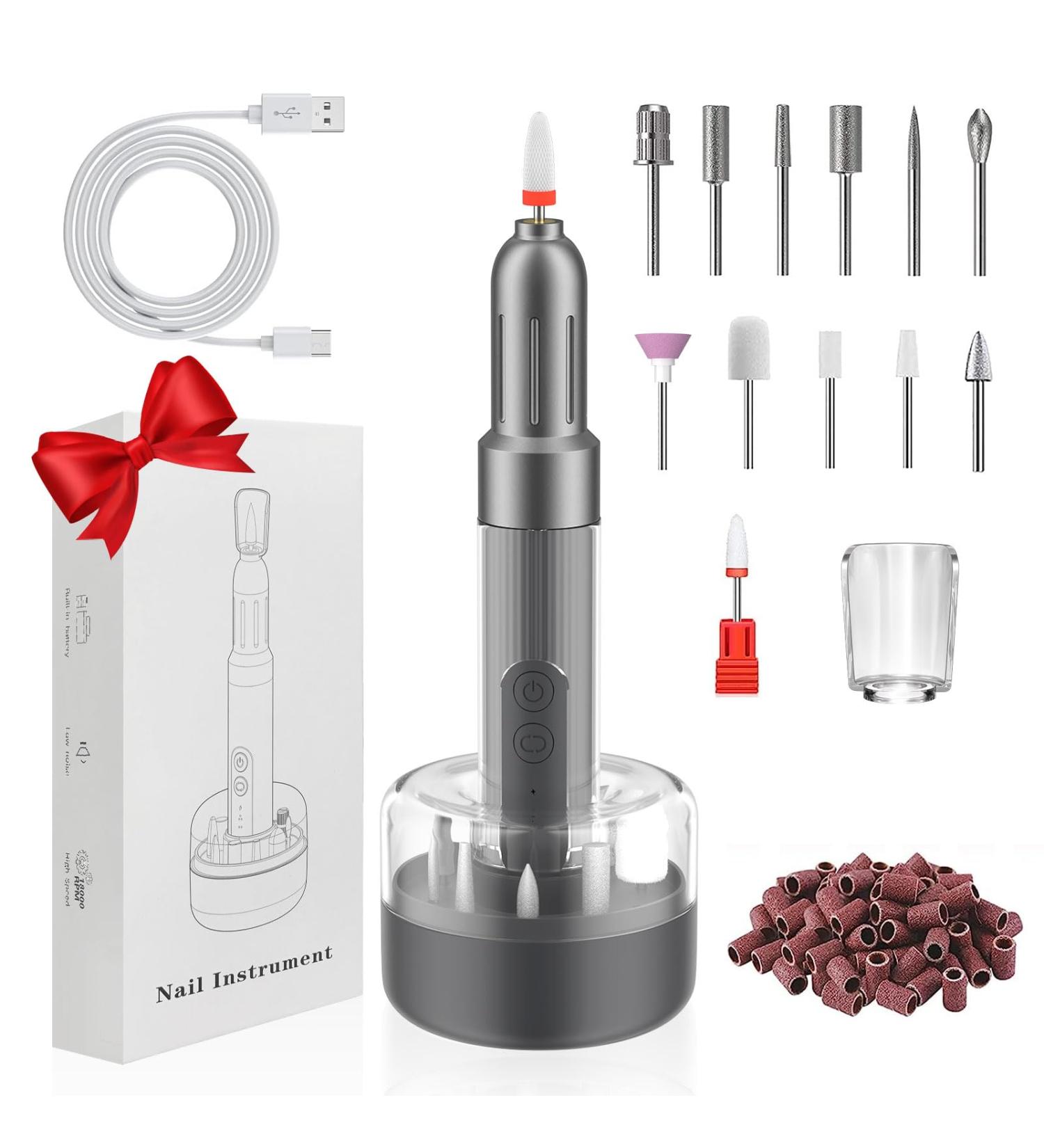 Portable Rechargeable Electric Nail File Kit | 12 Bits, 6 Speeds | Professional Nail Drill for Acrylic & Gel Nails | Dark Gray | Great Gift for Women - Buy Online on SooperMarket.com