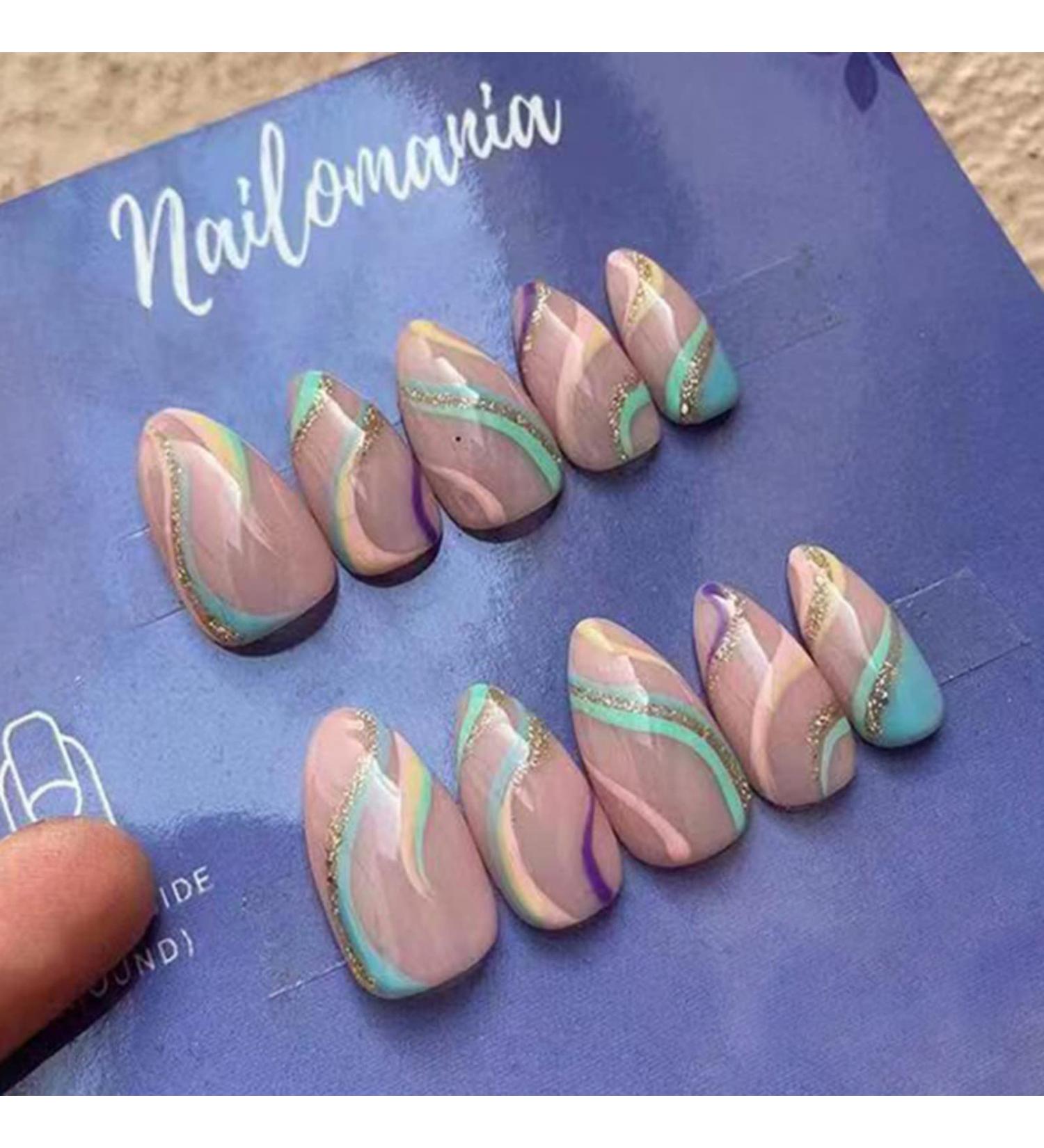 Rainbow Glitter Almond Short False Nails Set | 24 pcs French Press On | Multi Colour Fake Nails with Nail Glue | Pastel Oval Medium Stick On Nails for Women - Buy Online on SooperMarket.com