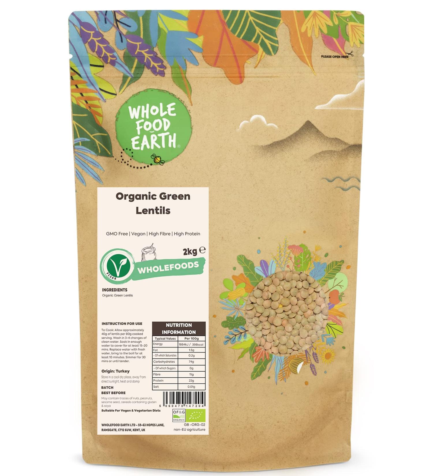 Organic Green Lentils 2kg - GMO Free, Vegan, High Fibre, High Protein - Wholefood Earth - Buy Online on SooperMarket.com