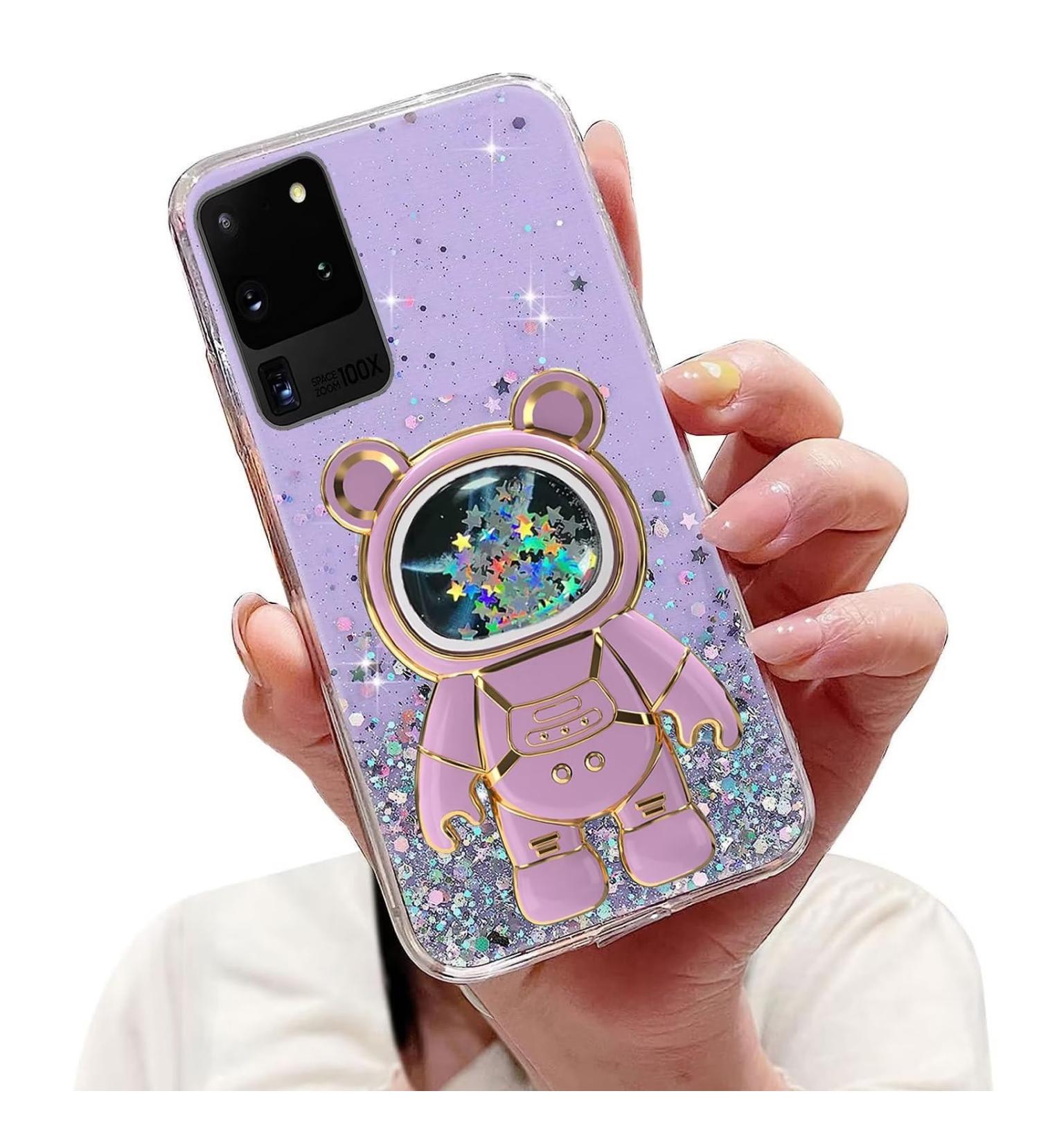 Tivenfezk Nadoli Astronaut Glitter Phone Case for Samsung Galaxy S20 Ultra - Soft Silicone Protective Cover with Hidden Stand - Purple Caricature Design - Buy Online on SooperMarket.com