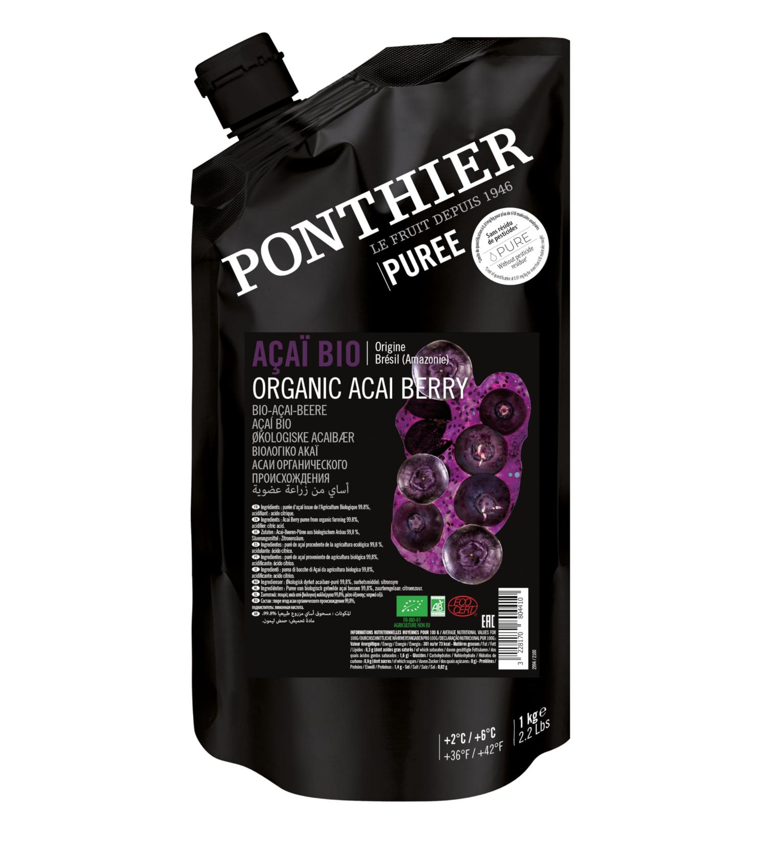 Ponthier Bio Acai Fruit Puree 2x1kg - Pure Acai Berries from the Amazon No Color or Preservatives - Perfect for Smoothies Bowls Ice Cream & Desserts - Buy Online on SooperMarket.com