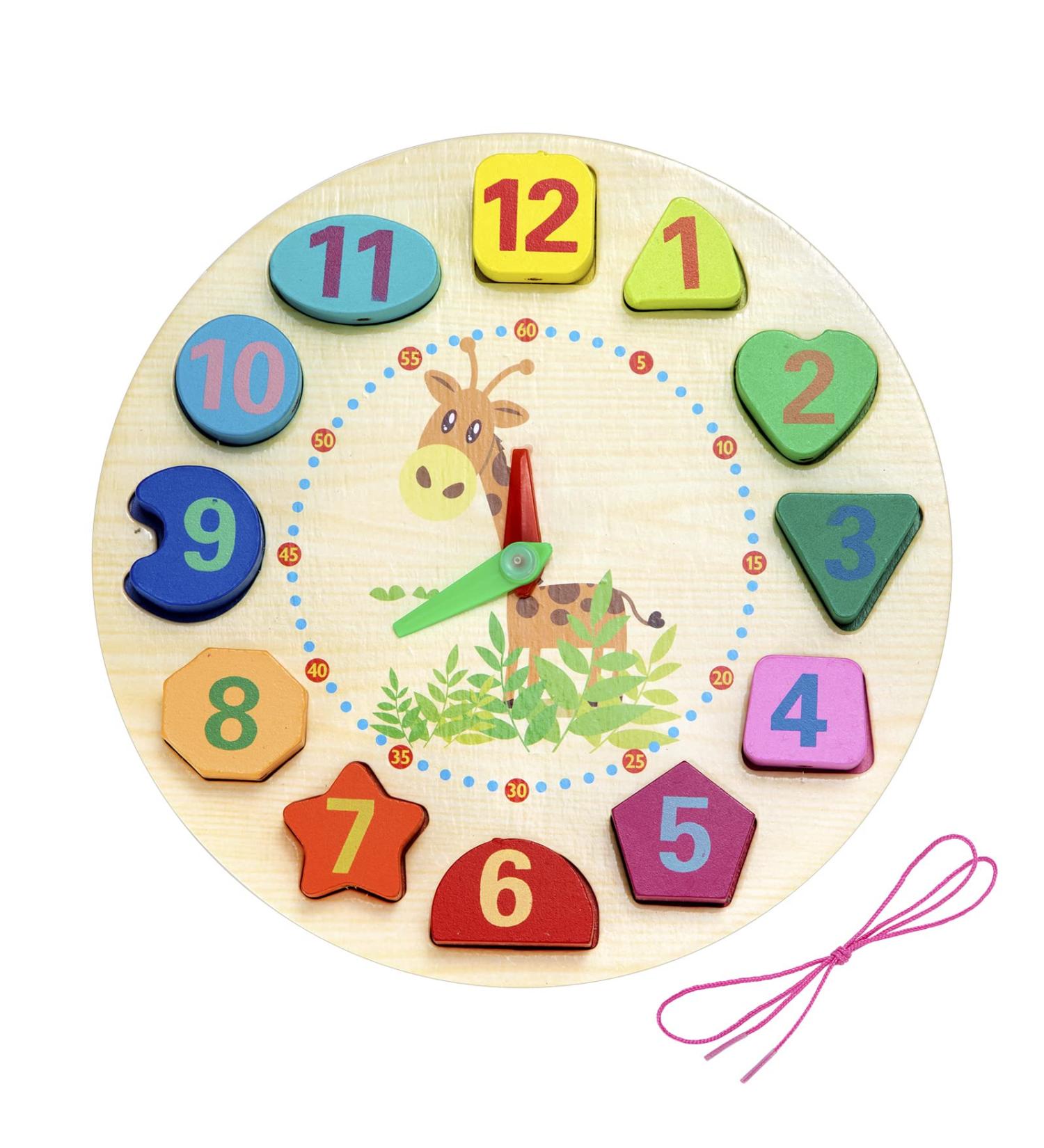 Wooden Learning Clock Toy for Kids - Educational Clock with Rope Numbers & Shapes | Perfect for Children Ages 3+ - Buy Online on SooperMarket.com