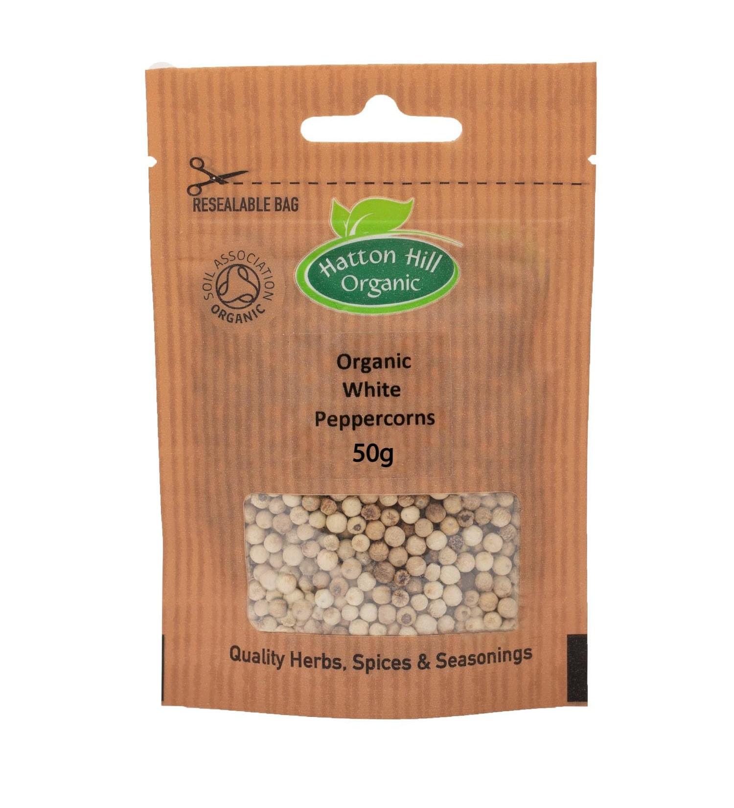 Organic White Peppercorns by Hatton Hill | Smooth Milder Spice for Refined Flavour (50g) - Buy Online on SooperMarket.com