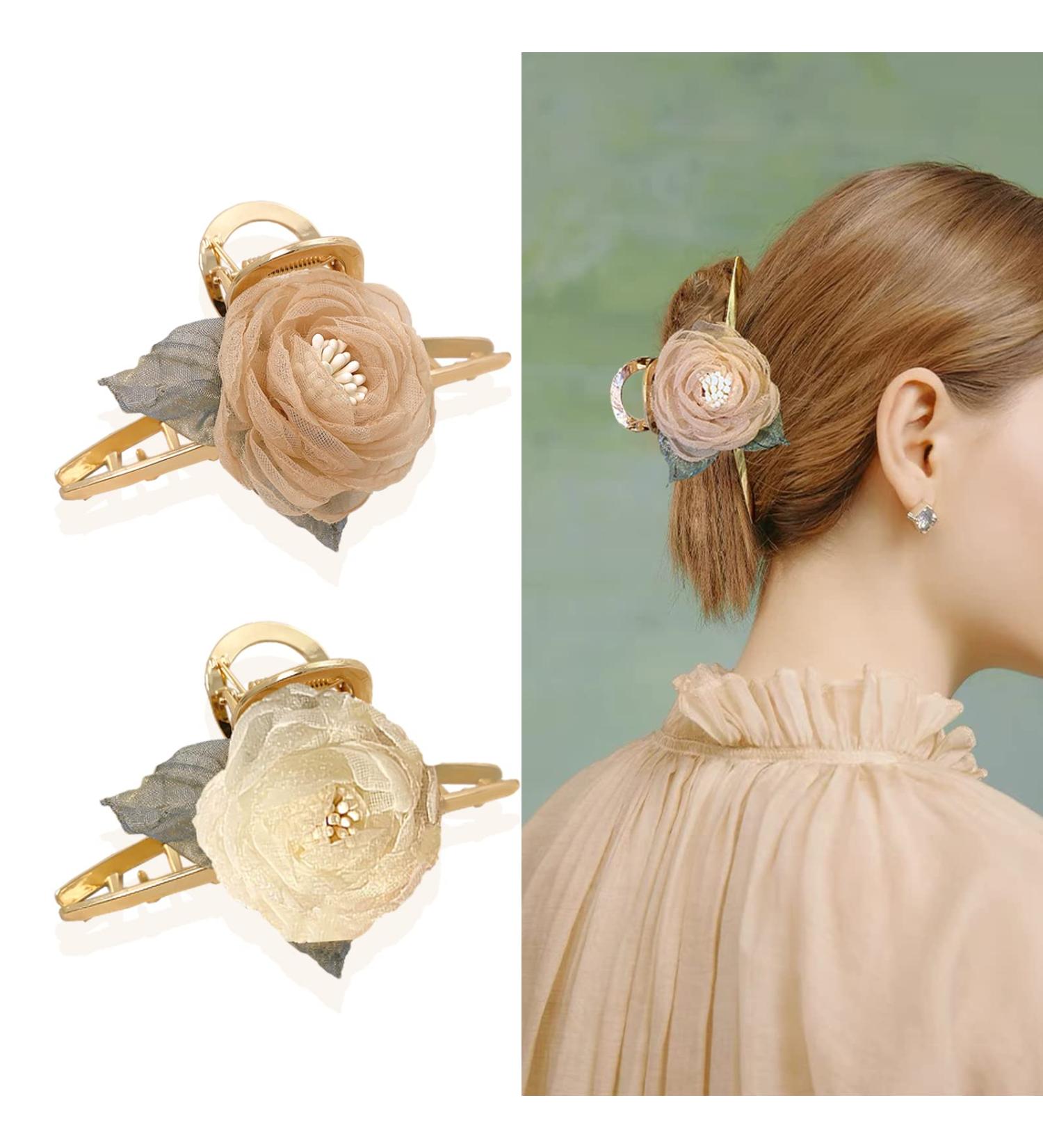 Fuyunohi 2 Pack Large Flower Claw Metal Barrettes | White+Champagne Mesh Rose Hair Clips for Women | Stylish Hair Accessories for Thick Hair - Buy Online on SooperMarket.com
