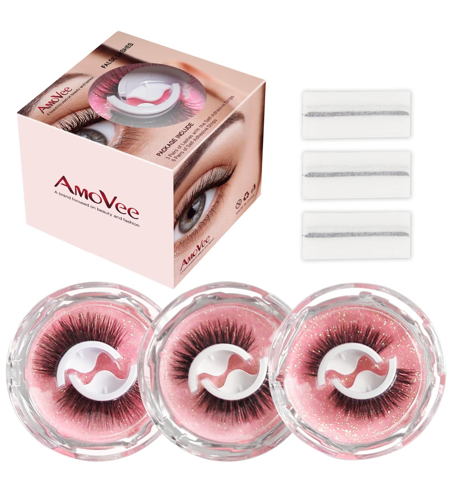 AmoVee Self Adhesive Eyelashes - Fluffy Natural Look, Reusable False Lashes, No Glue Needed - Easy to Put On (Pack of 3 Pairs) - Buy Online on SooperMarket.com