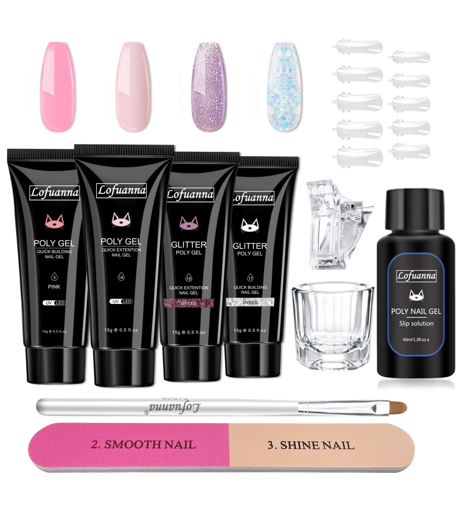 Lofuanna Poly Nail Gel Kit - Nude, Pink, Purple Glitter & Clear Glitter Poly Extension Gel - All In One Starter Kit - Buy Online on SooperMarket.com