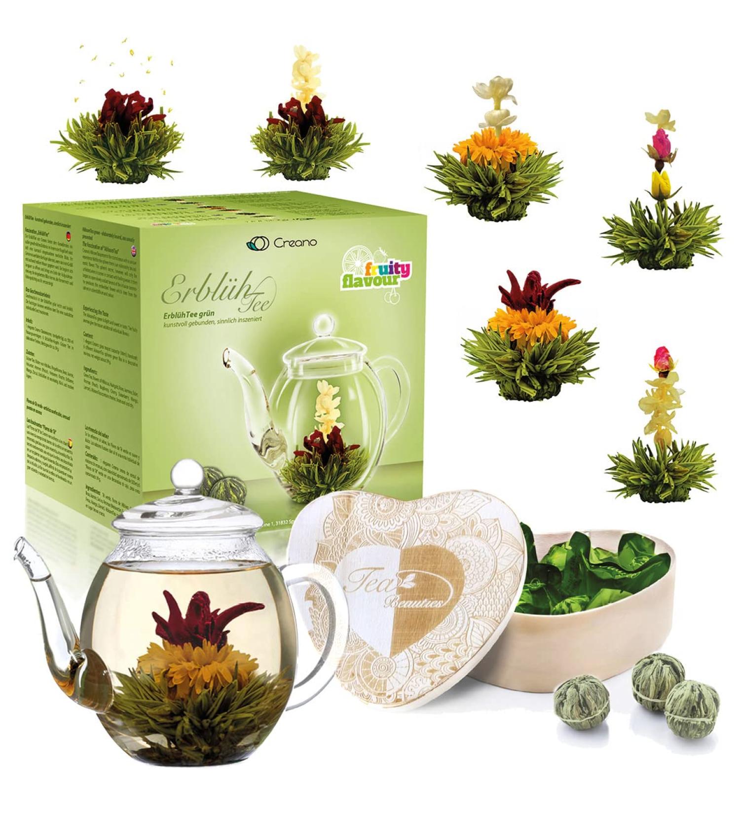 Creano Heart-Shaped Gift Set: 6 Types of Green Tea & 500ml Glass Teapot - Perfect Gift for Women & Tea Lovers - Buy Online on SooperMarket.com