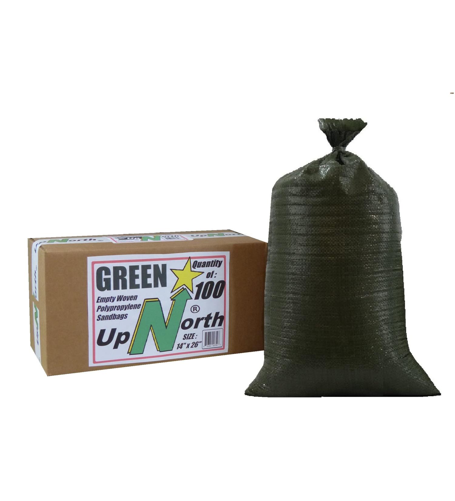 UpNorth Sandbags - Box of 100 - Empty Woven Polypropylene Sand Bags w/Ties  w/UV Protection size: 14" x 26"  color: Military Green 100 BAGS Green - Buy Online on SooperMarket.com