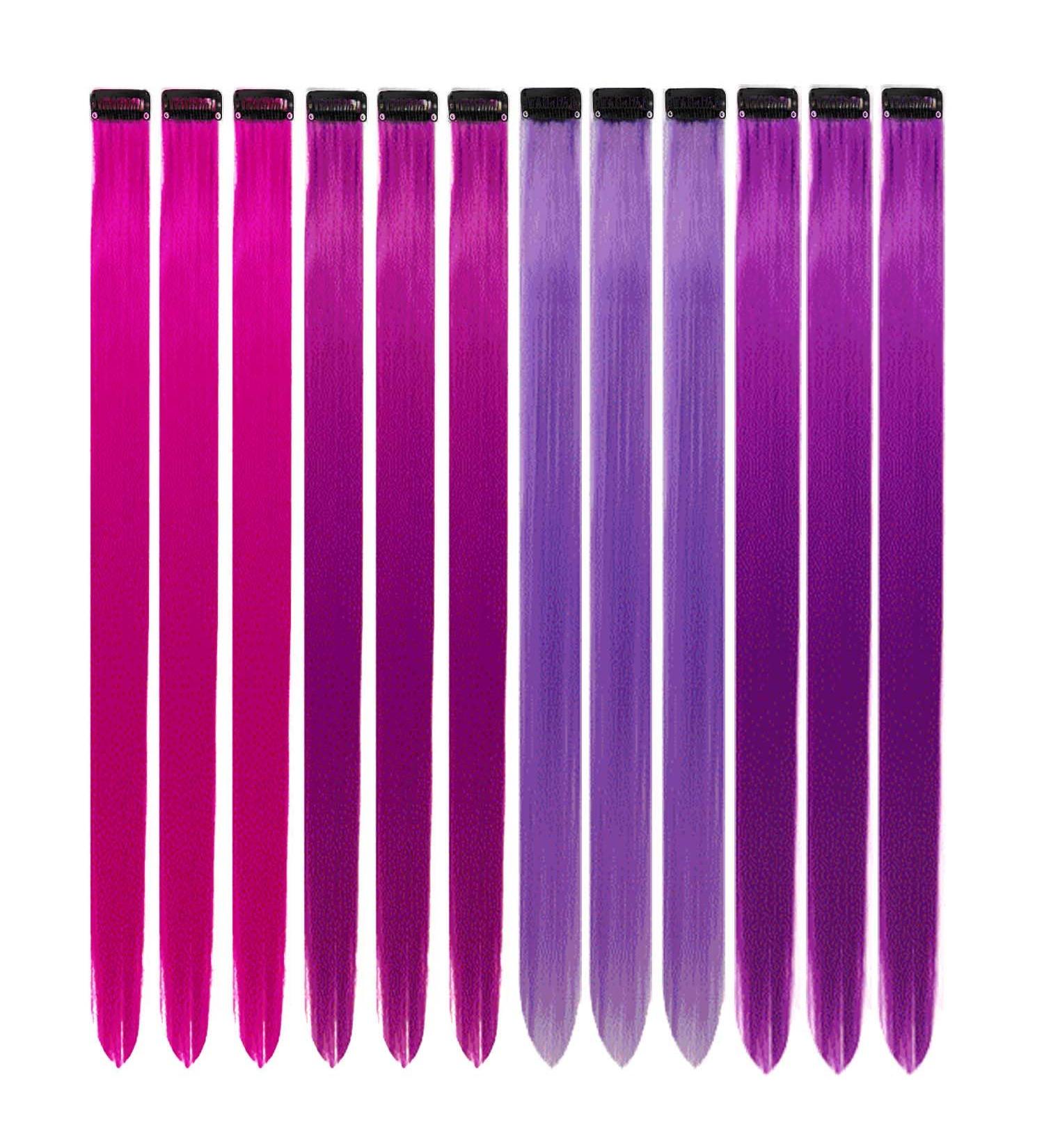 12 Pcs Colored Hair Extensions Colorful Clip in Hair Extensions 22 inch Synthetic Straight Hair Extensions for Kids Girls Women Dark purple - Buy Online on SooperMarket.com