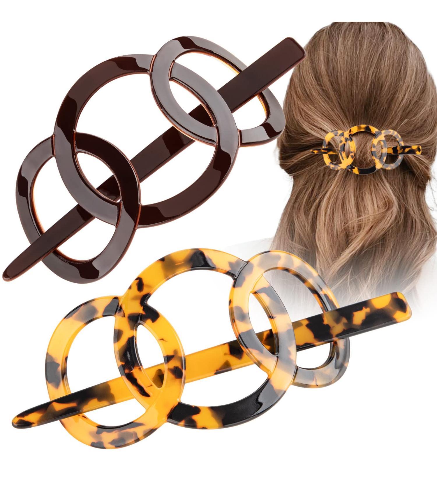 Noverlife 2PCS French Triple Ringed Hair Slider Pin Set - Non Slip Tortoise Shell Barrettes with Stick - Cellulose Acetate Ponytail Accessories - Buy Online on SooperMarket.com