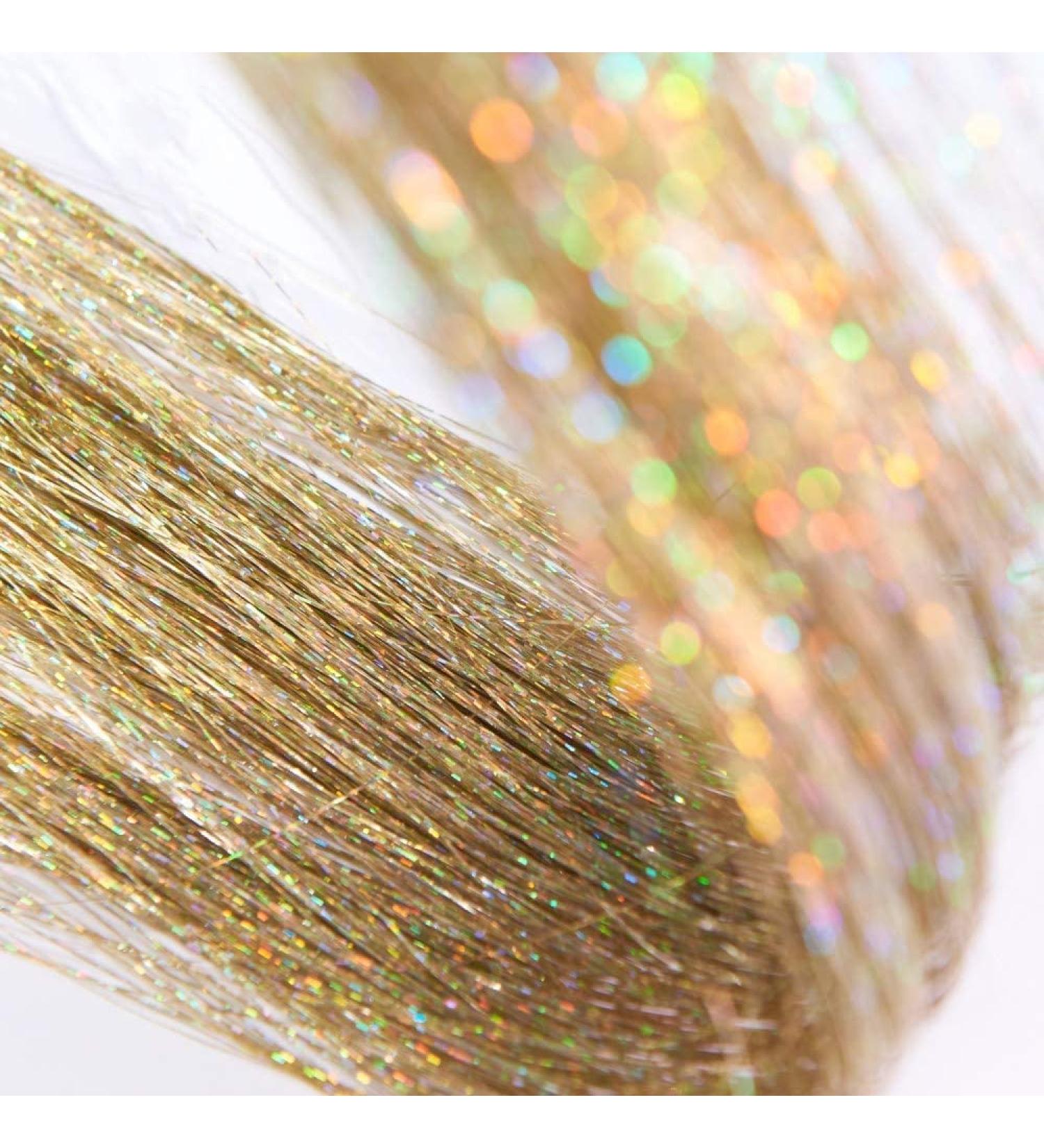 Gold Hair Tinsel Extensions - 250 Strands Holographic Sparkle Glitter for Women - Synthetic Straight Hair Decoration - 1200 Gold Strands - Buy Online on SooperMarket.com