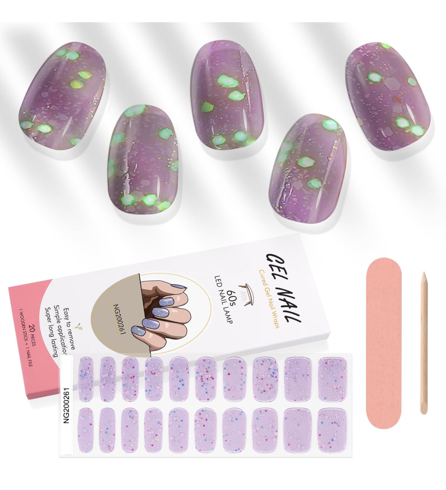 Kalolary 20PCS Luminous Glitter Gel Nail Polish Strips - Glow in the Dark Purple Nail Wraps with File & Stick - Waterproof Adhesive Nail Art Sticker - Buy Online on SooperMarket.com
