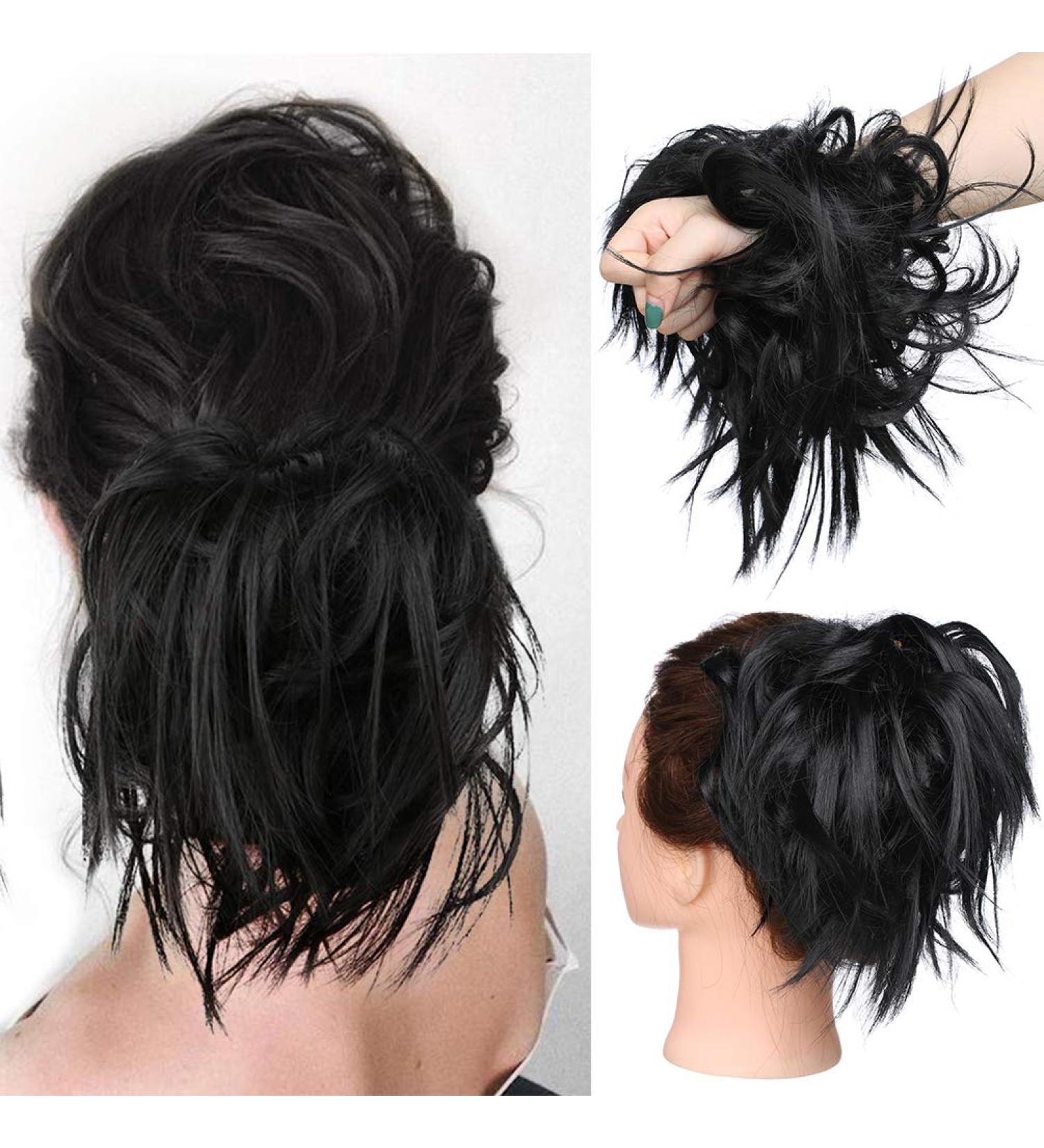 Tousled Updo Messy Bun Hair Extension - Dark Black - Synthetic Wavy Hairpiece for Women - Buy Online on SooperMarket.com