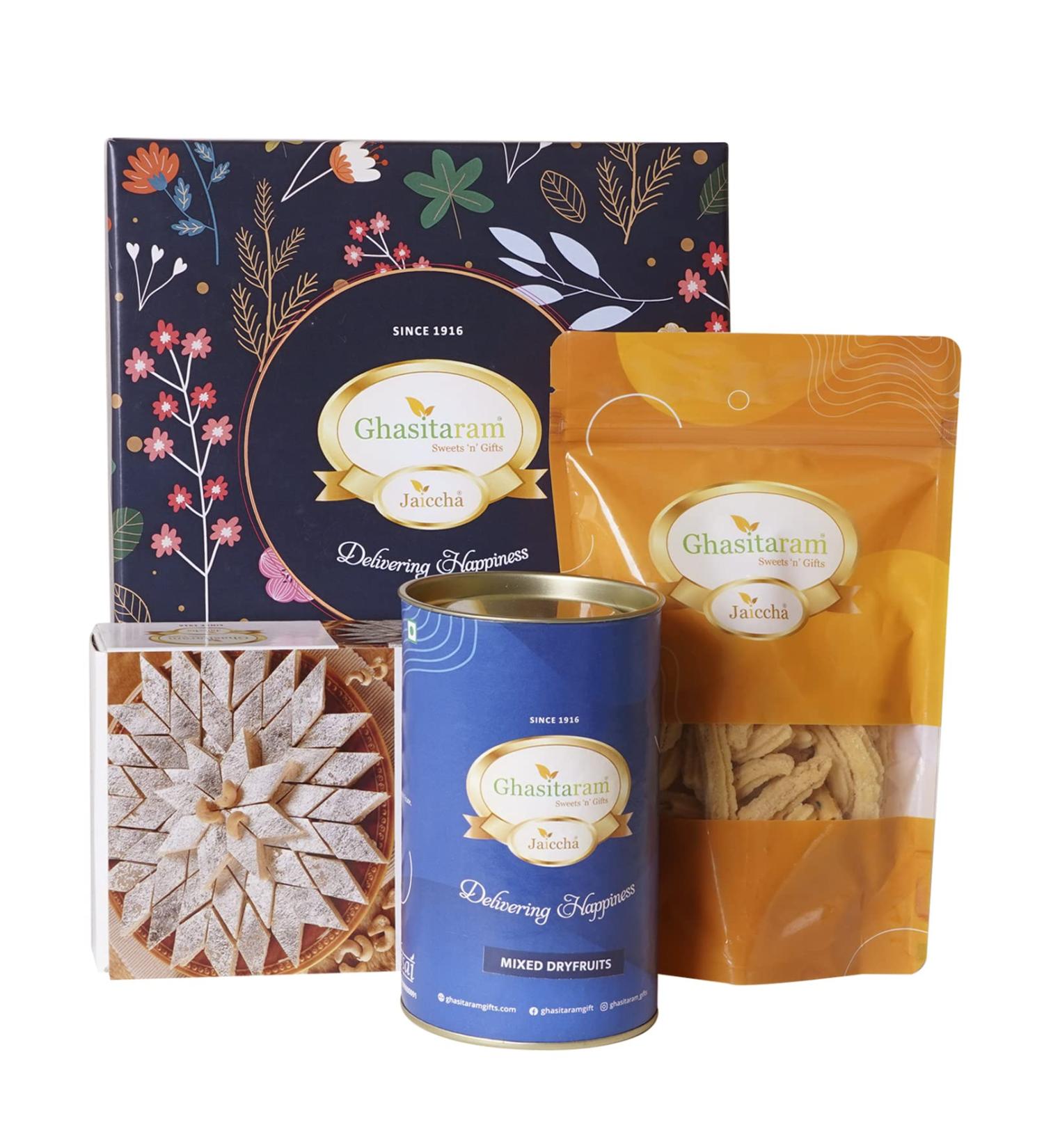 Ghasitaram Gifts Jaiccha Ghasitaram Hamper Box Small with Kaju Katli |Diwali Gifts Holi Rakhi Valentine Christmas Birthday Anniversary Gift for Her Him Mothers Day Fathers Day| - Buy Online on SooperMarket.com
