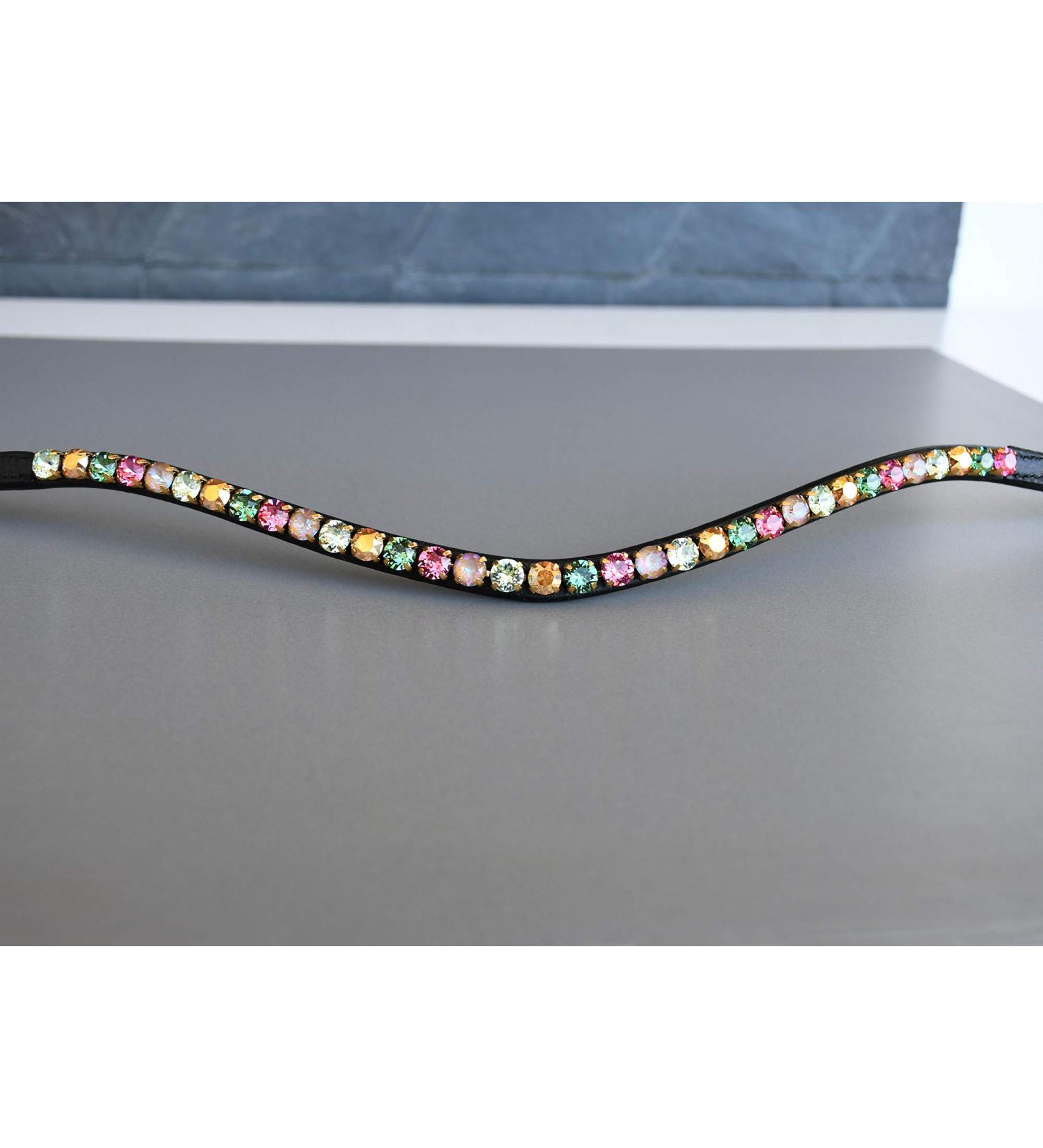 Shop Happiness Hucks Colorful Horses Forehead Straps 'Paradise' - Pink Green & Gold Curved Design for Shetland Ponies | Premium Black Leather - Buy Online on SooperMarket.com
