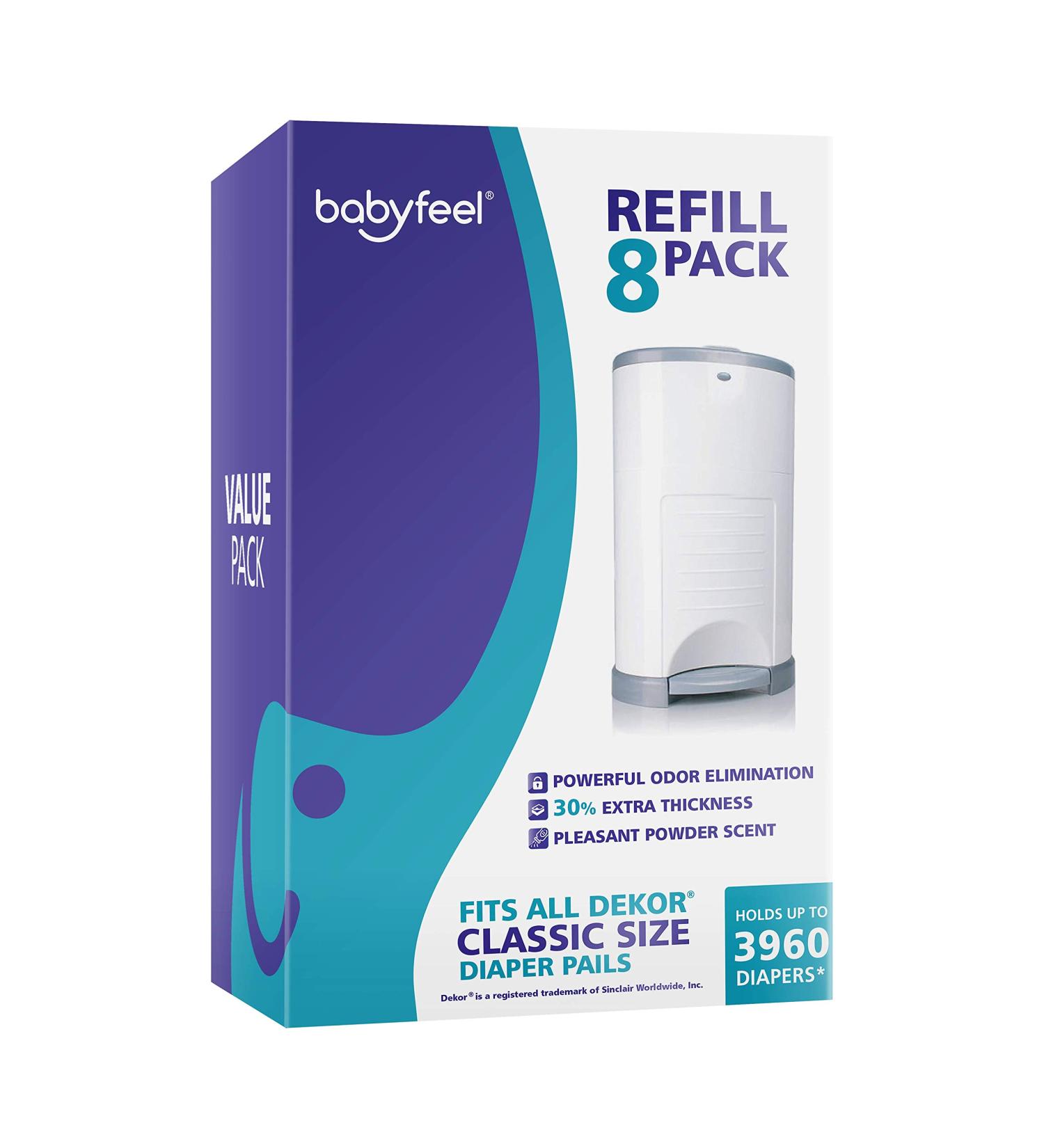 Babyfeel DEKOR CLASSIC Diaper Pail Refills - 8 Pack | 30% Extra Thickness | Powerful Odor Elimination | Powder Scent | Up to 3960 Diapers - Buy Online on SooperMarket.com