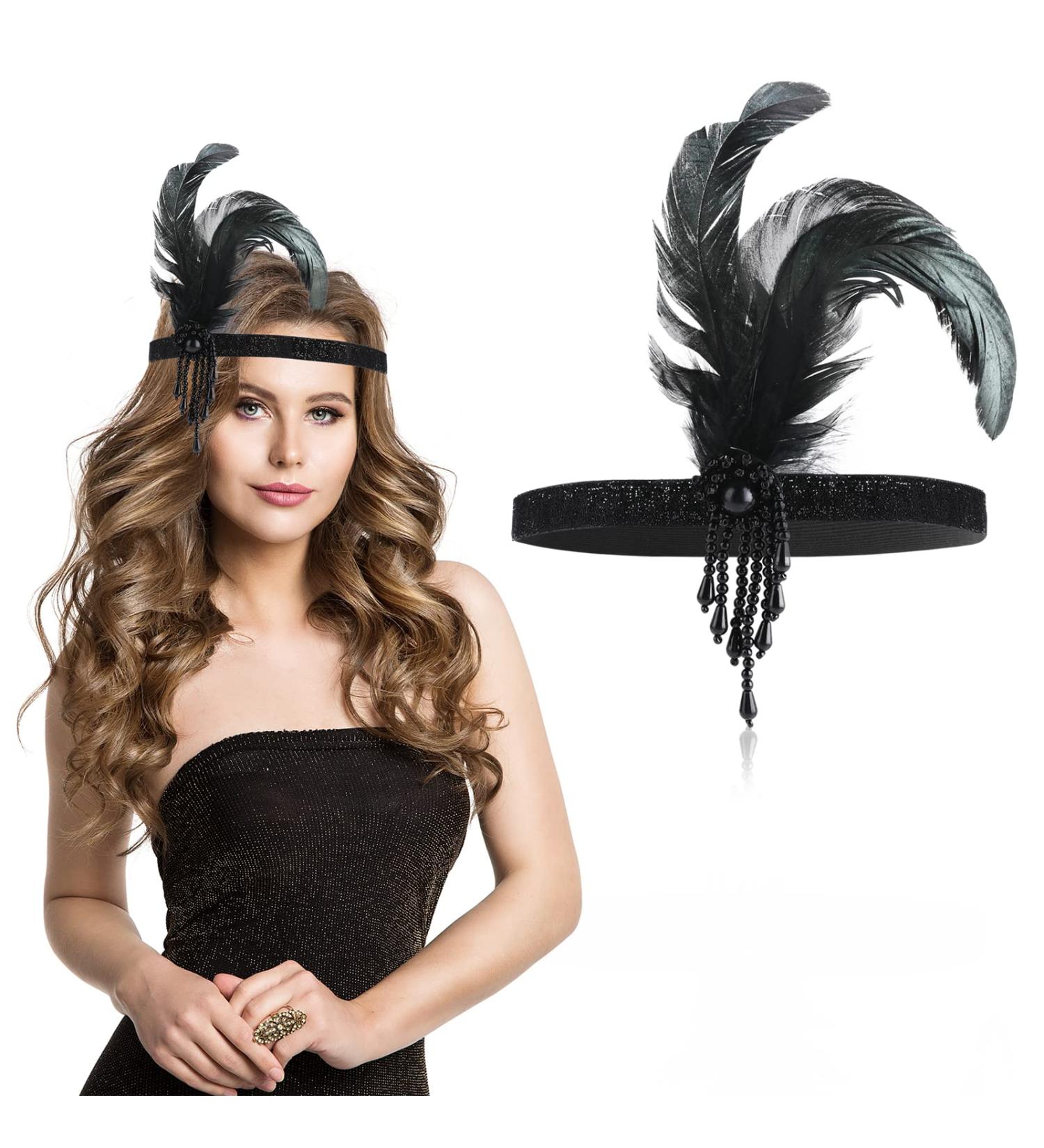 1920s Flapper Headband - Black Feather Headpiece with Rhinestone Bling for Women & Girls | Gatsby Theme Party Hair Accessory - Buy Online on SooperMarket.com