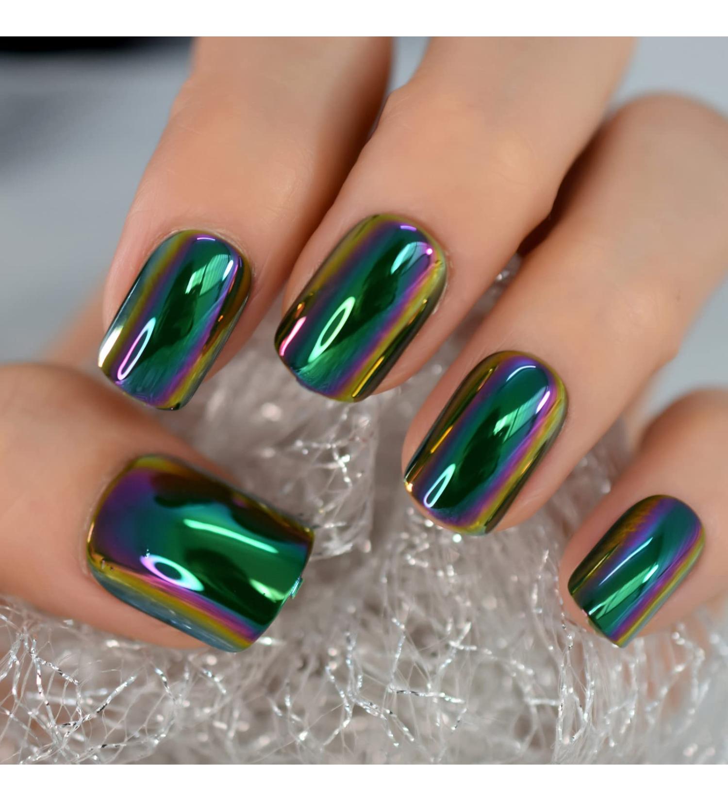Chrome Green Short Square Press On Nails - Electroplate Design Daily Wear Fake Manicure (24pcs) - Buy Online on SooperMarket.com