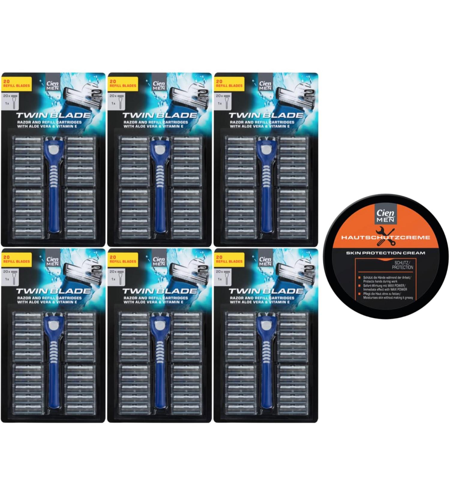 Cien Men Twin Blade Razor System - 6 Wet Razors + 120 Blades + Skin Protection Cream (75ml) - International Shipping Available - Buy Online on SooperMarket.com