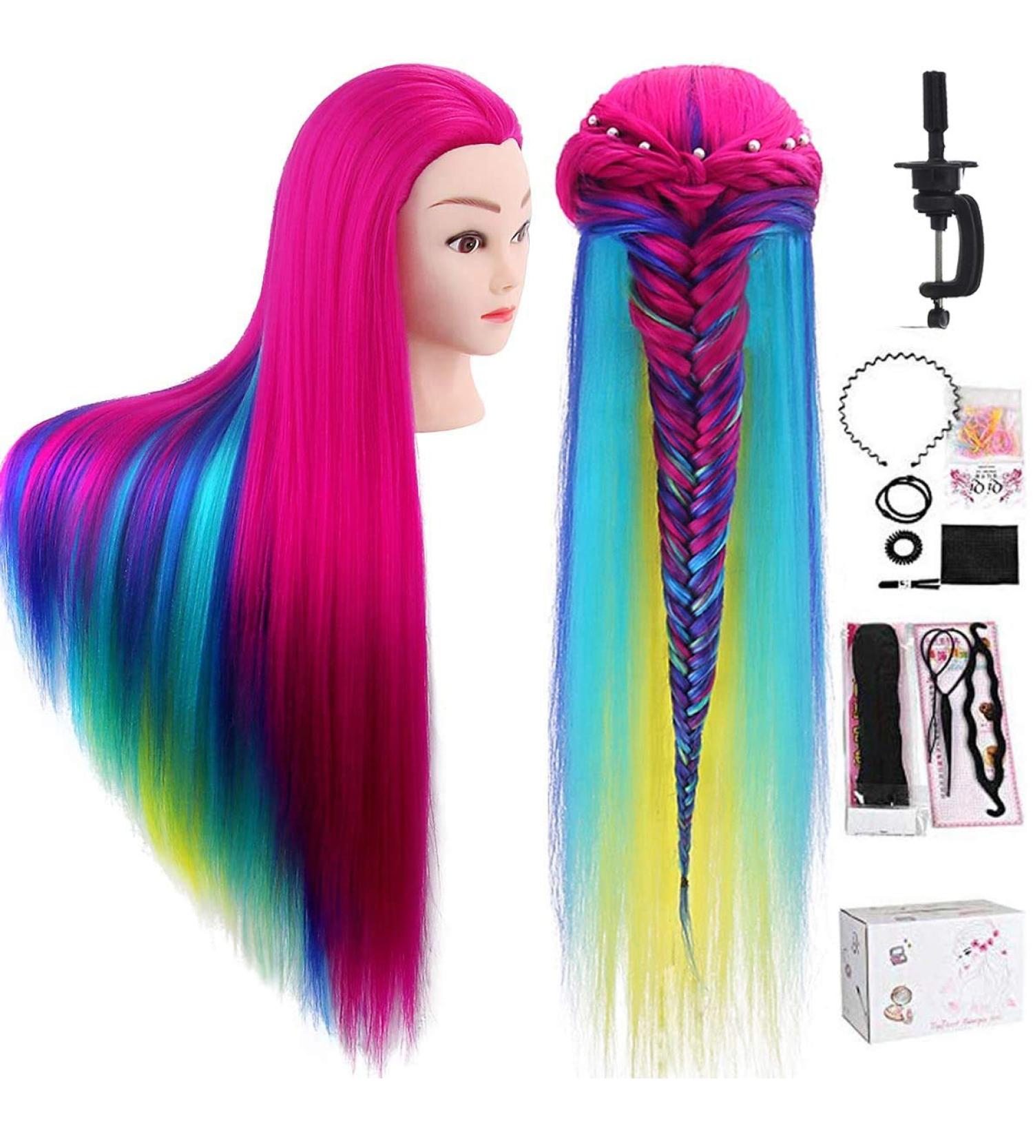 Topdirect 31.5 inch Synthetic Hair Wig Training Head - DIY Hairstyle Set with Holder in Rose Red - Perfect for Hairdressers - Buy Online on SooperMarket.com