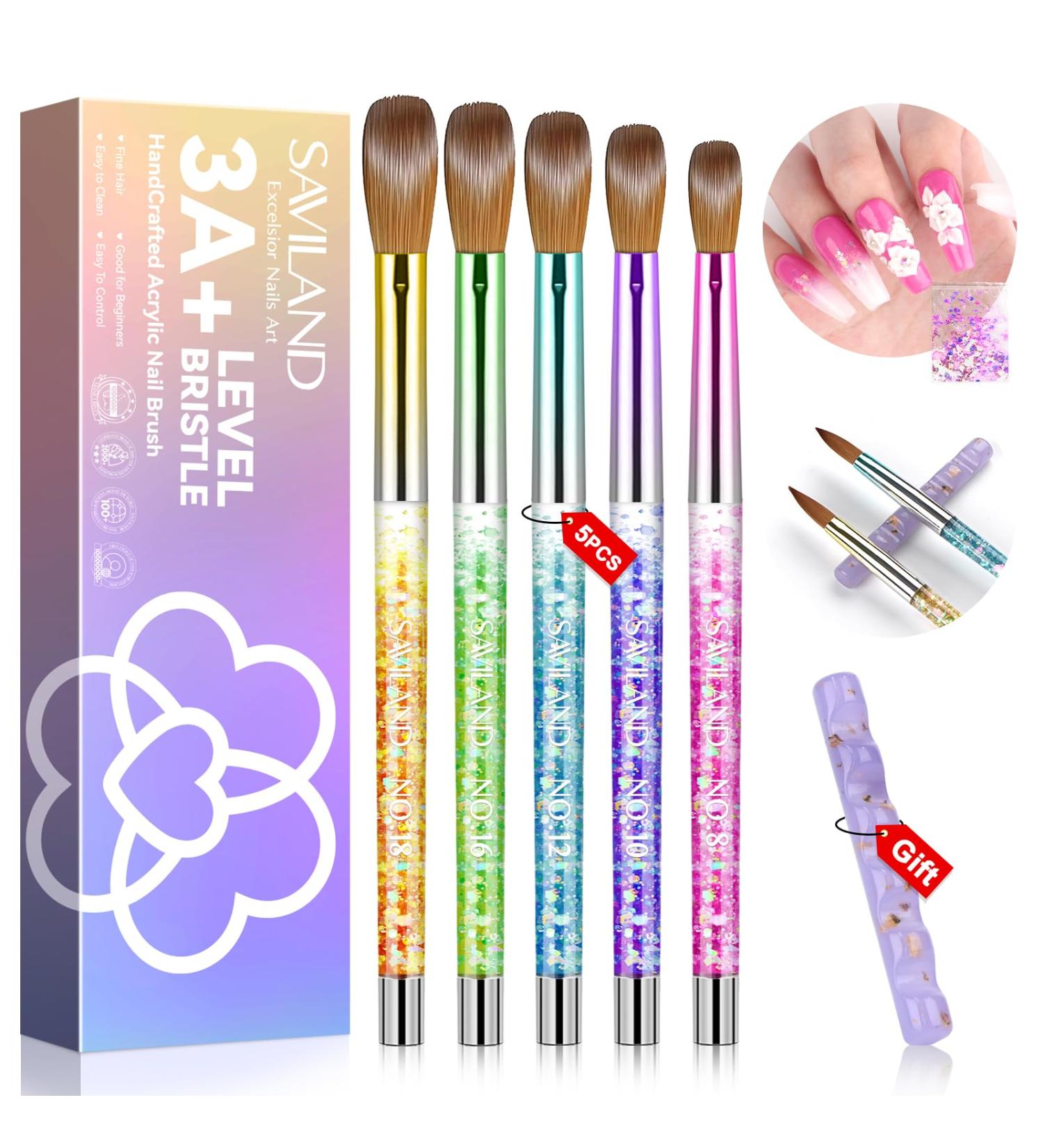 Saviland 5PCS Acrylic Nail Brushes Set - Sizes 8/10/12/16/18 for Acrylic Application Sparkling Rainbow Powder Brush & Holder - Perfect for Nail Extensions & 3D Carving - Buy Online on SooperMarket.com