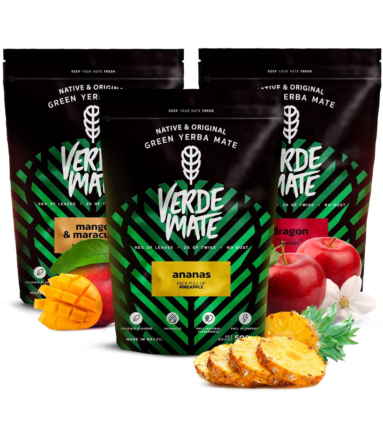 Verde Mate Green Mango & Maracuya Dragon Yerba Mate Set - 3x500g | Brazilian Yerba Mate with Fruits | Mild Taste & Natural Caffeine - Buy Online on SooperMarket.com