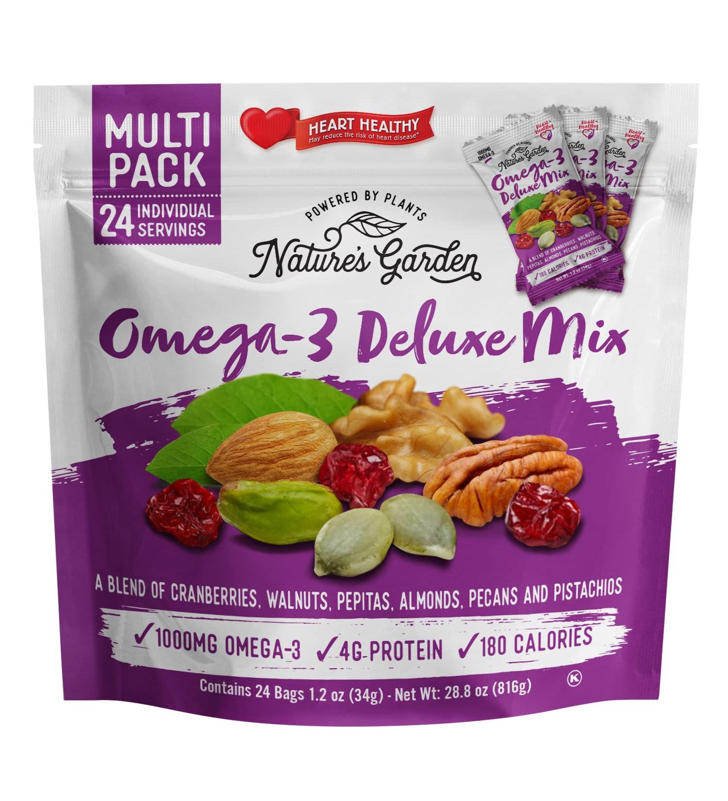 Nature's Garden Omega-3 Deluxe Mix Trail Mix Nuts - Heart Healthy & Gluten Free - 24 Individual Servings - Cholesterol & Sodium Free - No Artificial Ingredients - Buy Online on SooperMarket.com