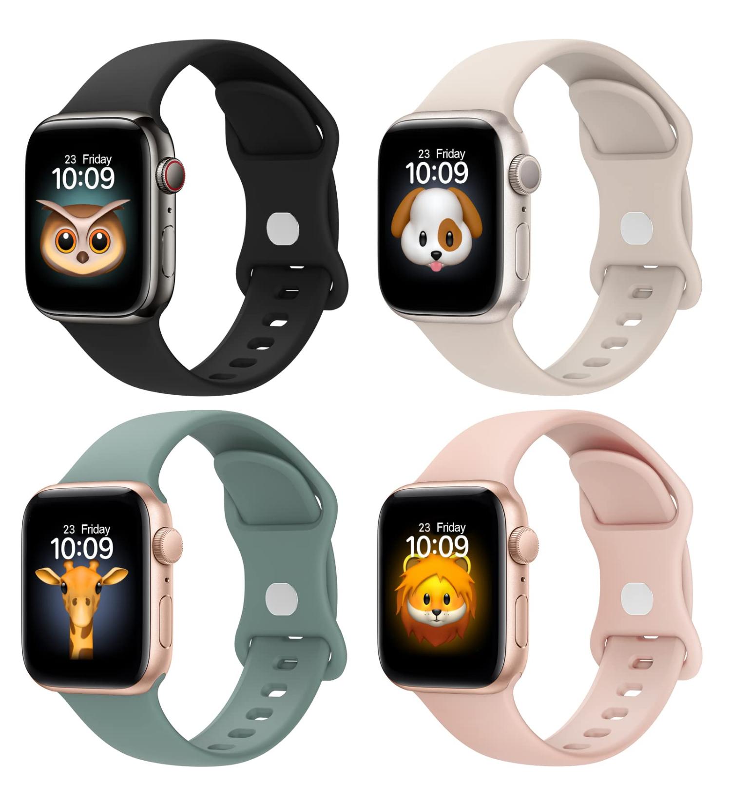 BRG 4 Pack Bands for Apple Watch Band Series Ultra SE 8 7 6 5 4 3 2 1 40mm 38mm 44mm 42mm 45mm 41mm 49mm Women and Men Sport Apple Watch Bands Soft Silicone Strap Replacement for iWatch Bands 41mm/40mm/38mm A--Black/Olive Green/Pink Sand/Starlight - Buy Online on SooperMarket.com