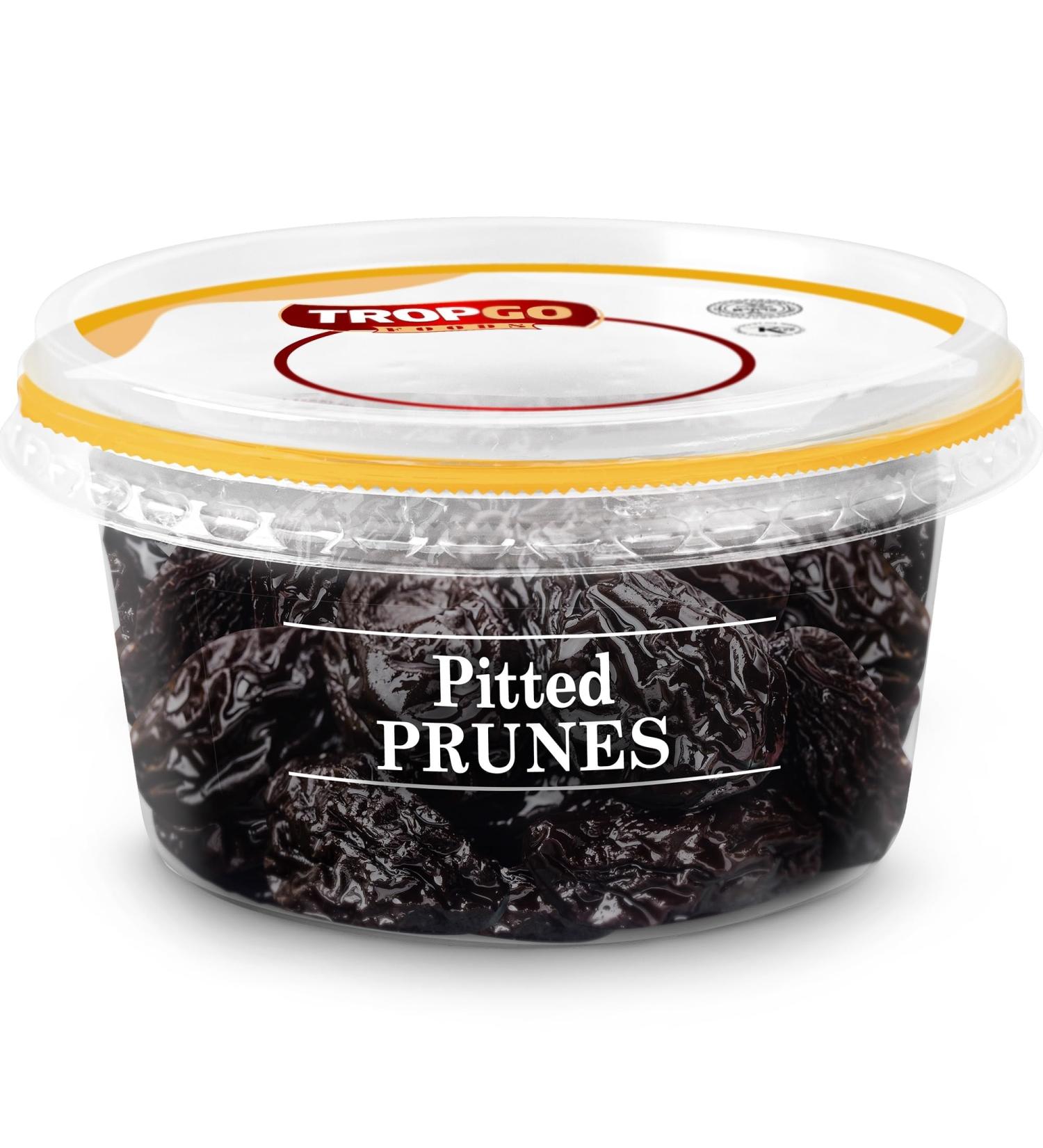 Tropgo Pitted Prunes 220g - Dried Fruit in Resealable and Recyclable Tub - Quick Energy Boost & Wholesome Trail Mix - Ready-to-Eat Dehydrated Fruit Snacks for Kids and Adults - Buy Online on SooperMarket.com