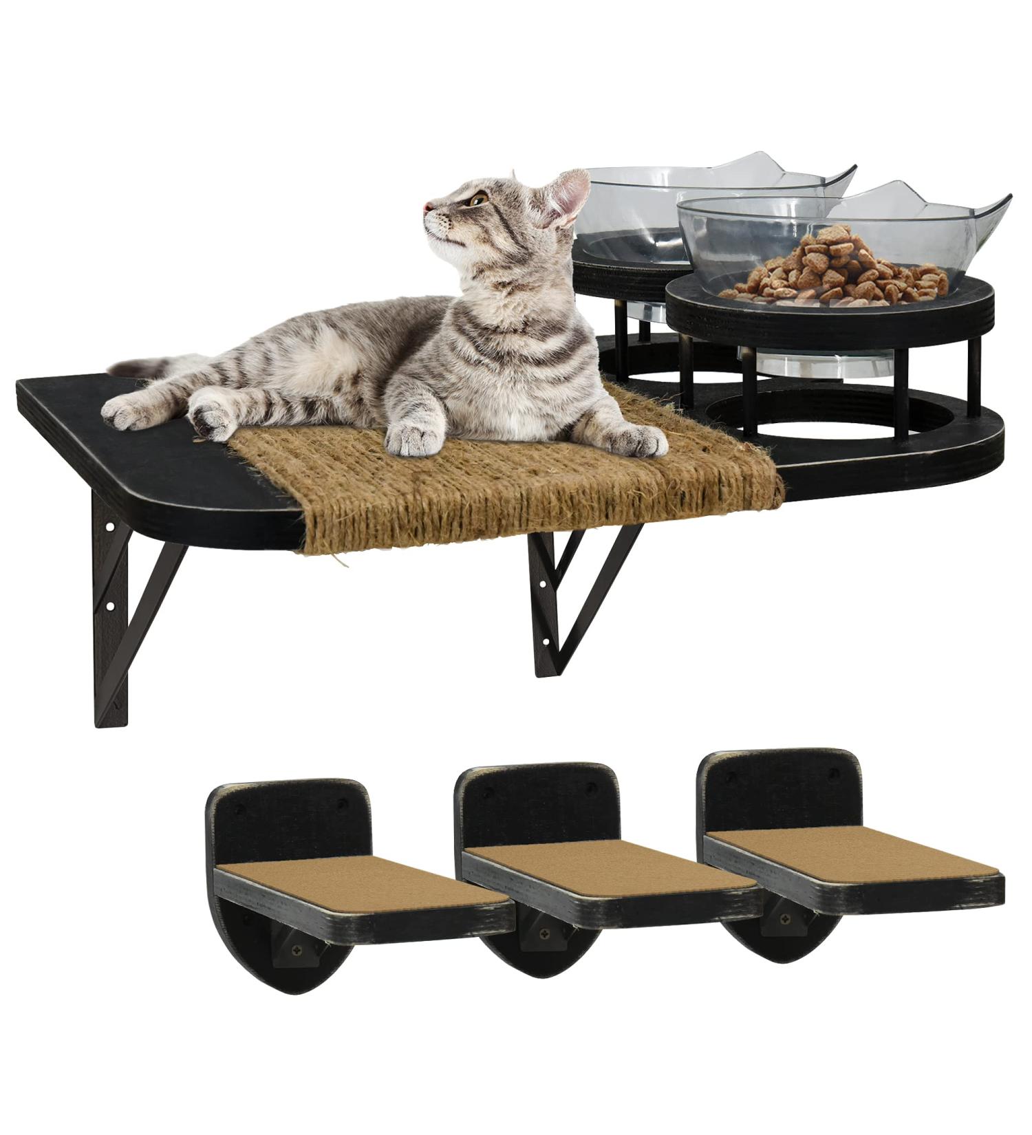 Cat Hammock & Wall Shelves with 3 Steps, Perches, and Food Shelf - Climbing, Scratching Post, and Plush Covered Steps for Indoor Cats - Black - Buy Online on SooperMarket.com