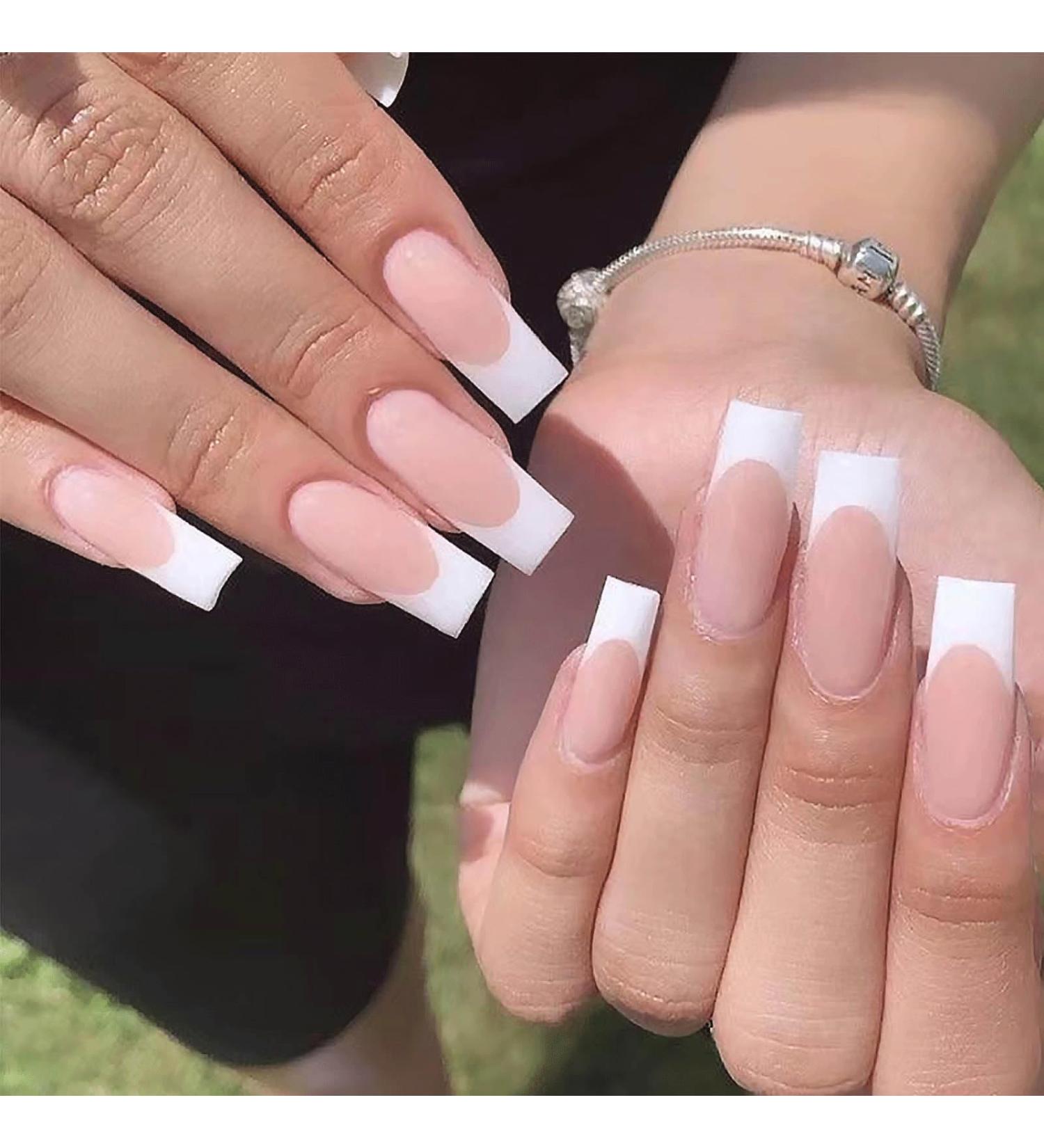 24PCS Long French False Nails Square - Matte Nude White Full Cover Press on Nails for Women Girls - Jelly Glue Included - Buy Online on SooperMarket.com