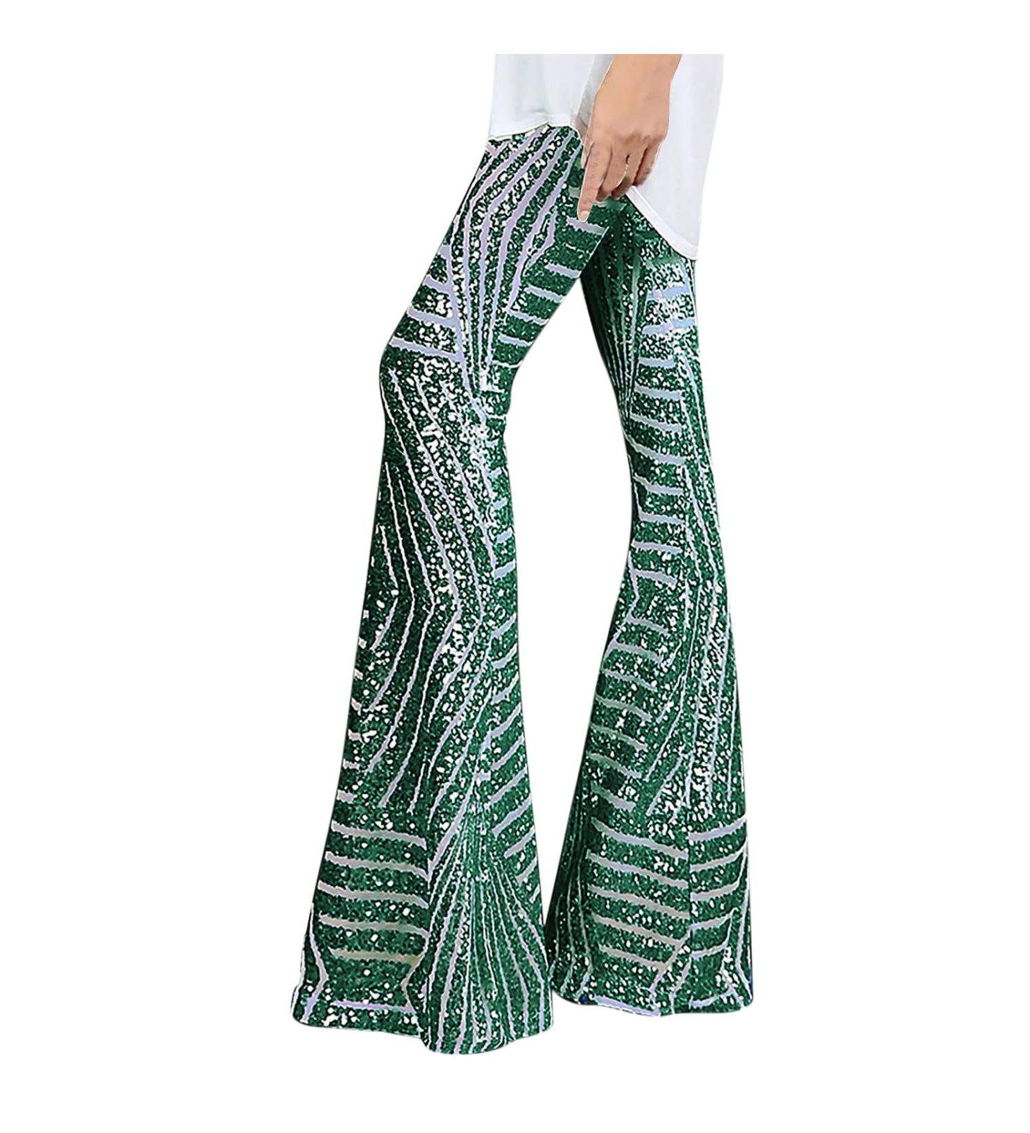 TUNUSKAT 70s Sparkly Sequin Palazzo Pants - High Waist Wide Leg Flare Trousers for Women | Night Club Disco Outfit - X-Large, Army Green - Buy Online on SooperMarket.com