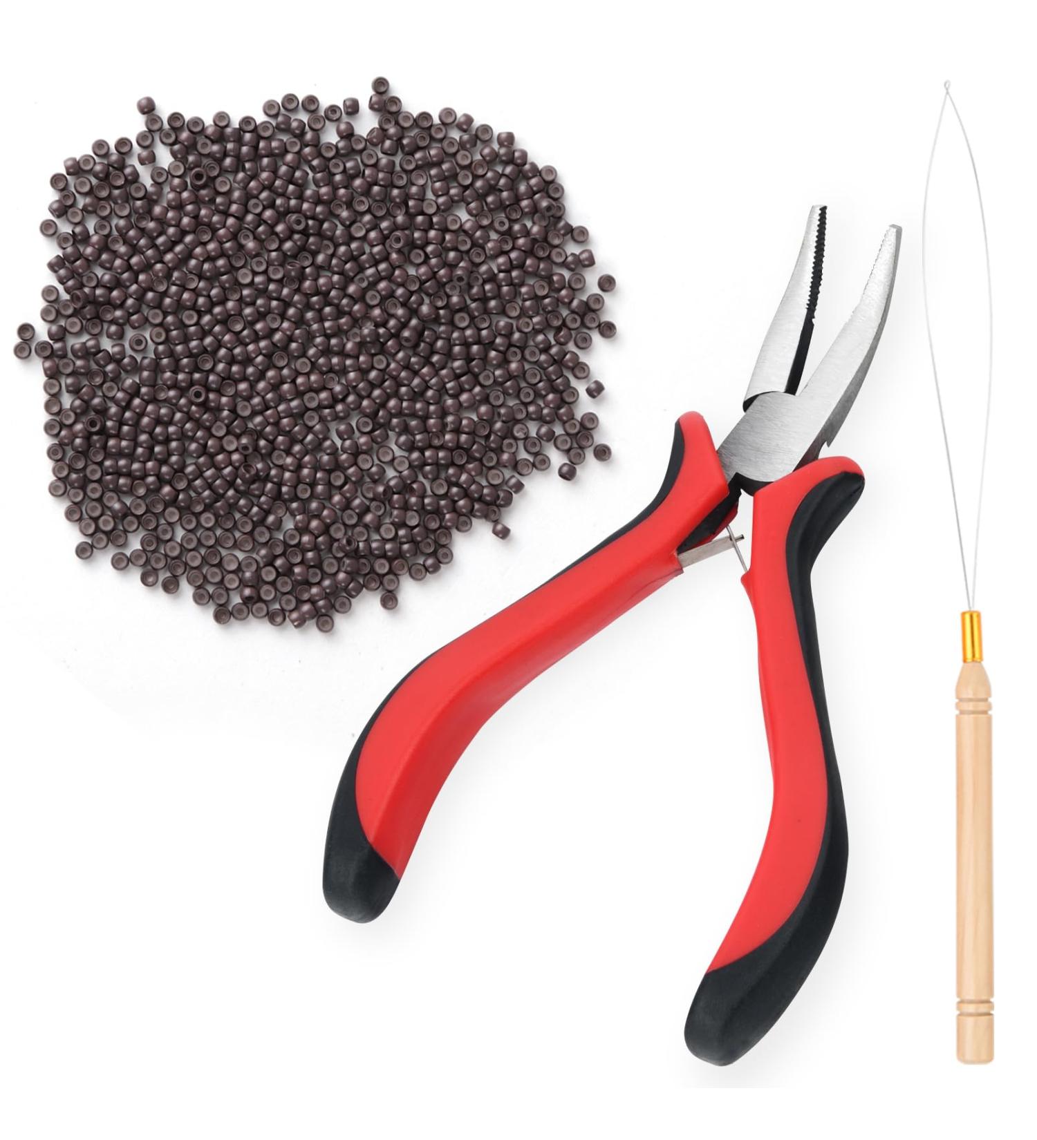 Vlasy Hair Extensions Tools Kit - Professional Pliers, Loop Threader, 200PCS 3.0mm Brown Silicone Rings | Extension Beads Pliers Set - Buy Online on SooperMarket.com