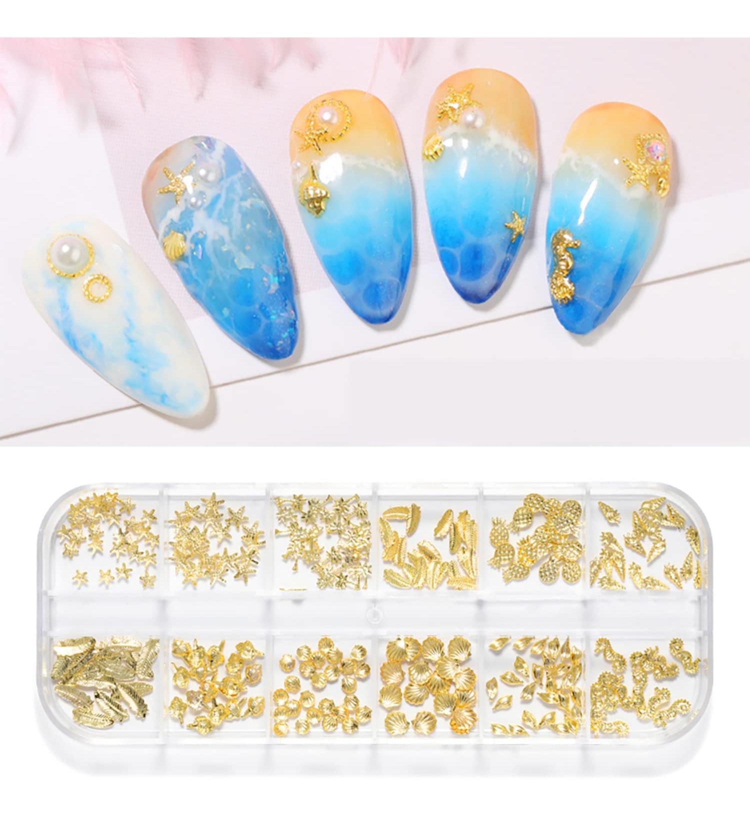 WEILUSI 3D Nail Art Steel Studs Summer Metal Charms - Ocean Mix Shapes Gold Studs for Women DIY Manicure Decor 1Box - Buy Online on SooperMarket.com